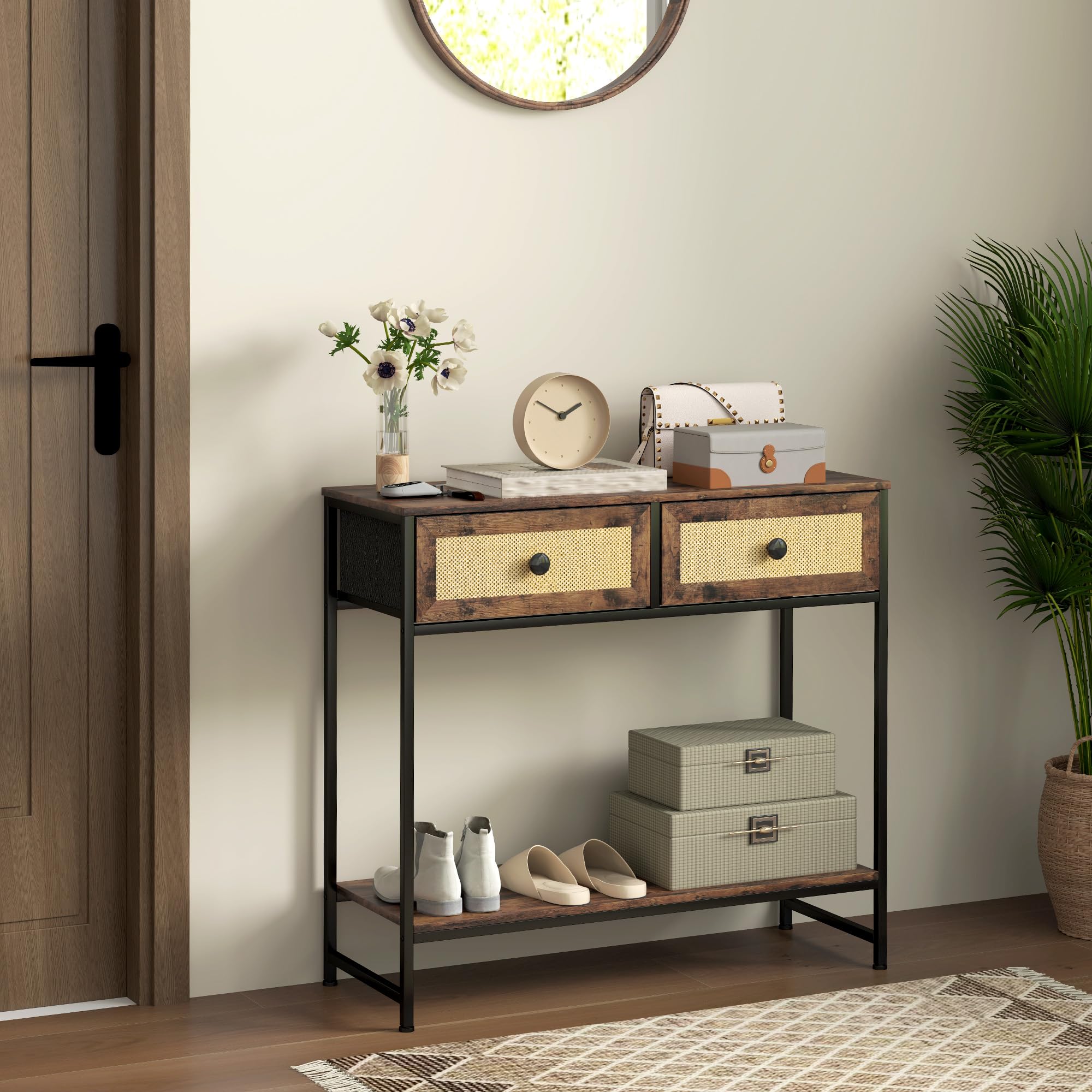 HOMCOM Table Console d'entrée 2 tiroirs 80x30x75 cm Brun Rustique