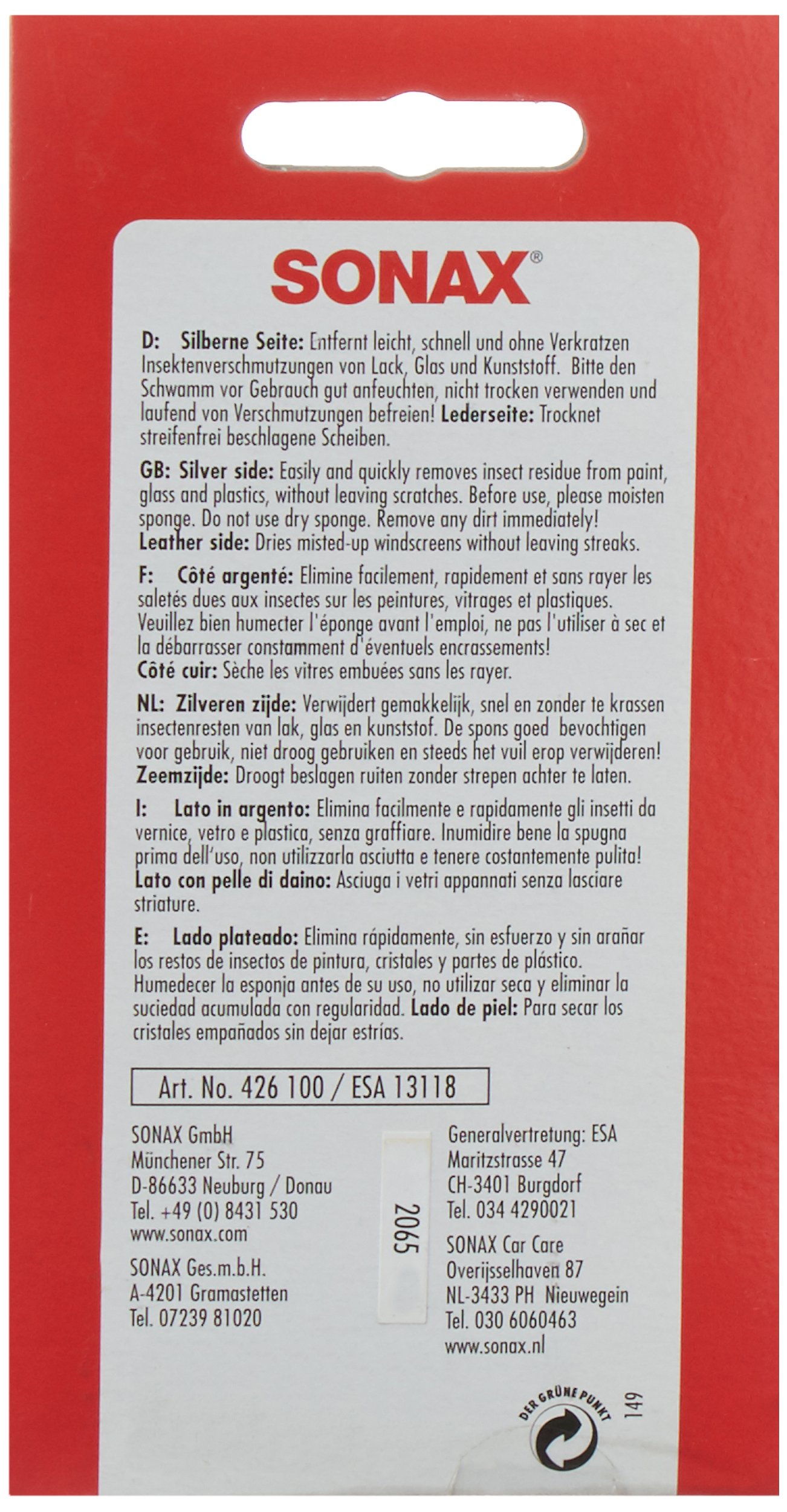 Sonax Spugna Elimina Insetti - Per Auto E Veicoli - Rimuove Residui Di Insetti, Escrementi E Sporco Ostinato - Delicata Su Vernice E Vetro - Made In Germany - Foto 5