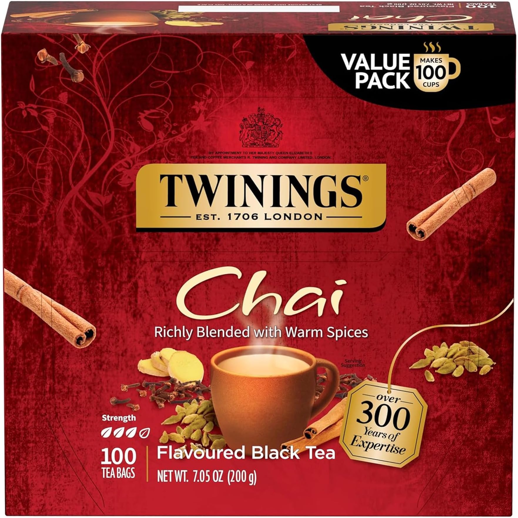 Chai Black Tea Individually Wrapped Bags, 100 Count (Pack of 1), Richly Blended with Warm Spices, Caffeinated, Enjoy Hot or Iced, 100 Teabags