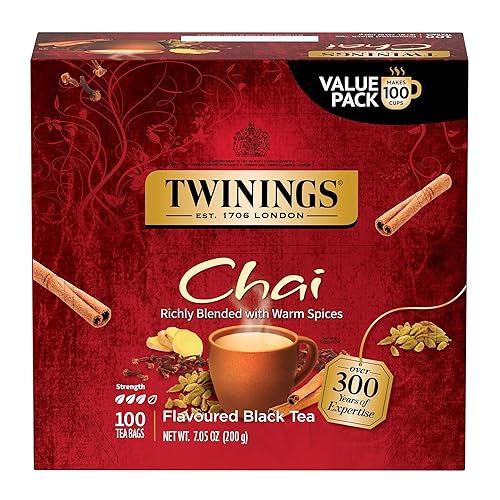 Twinings Chai Black Tea Individually Wrapped Bags, 100 Count (Pack of 1), Richly Blended with Warm Spices, Caffeinated, Enjoy Hot or Iced, 100 Teabags - Chai - 100 Count (Pack of 1)