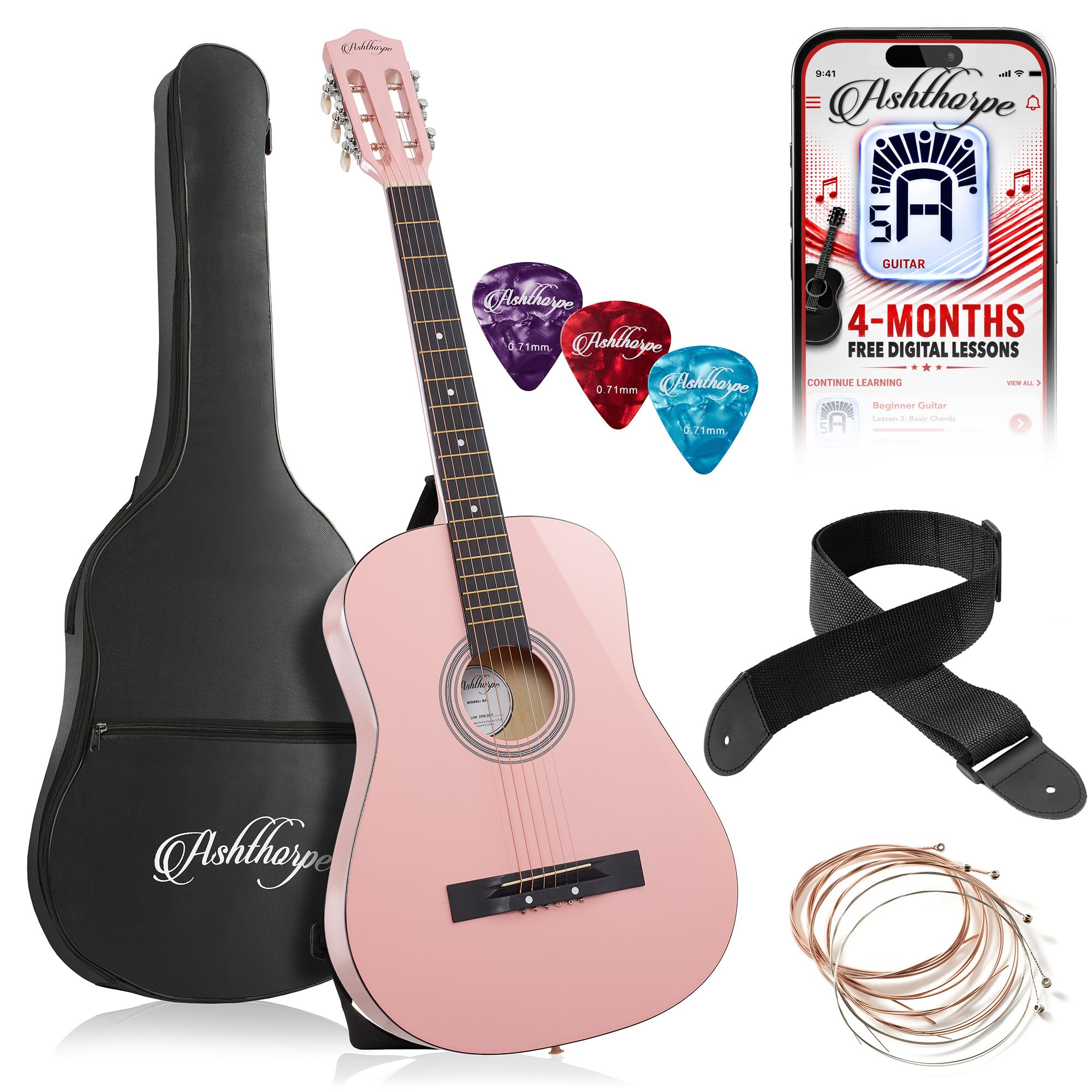 Ashthorpe 38-inch Beginner Acoustic Guitar (Pink), Starter Kit with Gig Bag, Extra Strings, Strap, Picks, and Lessons