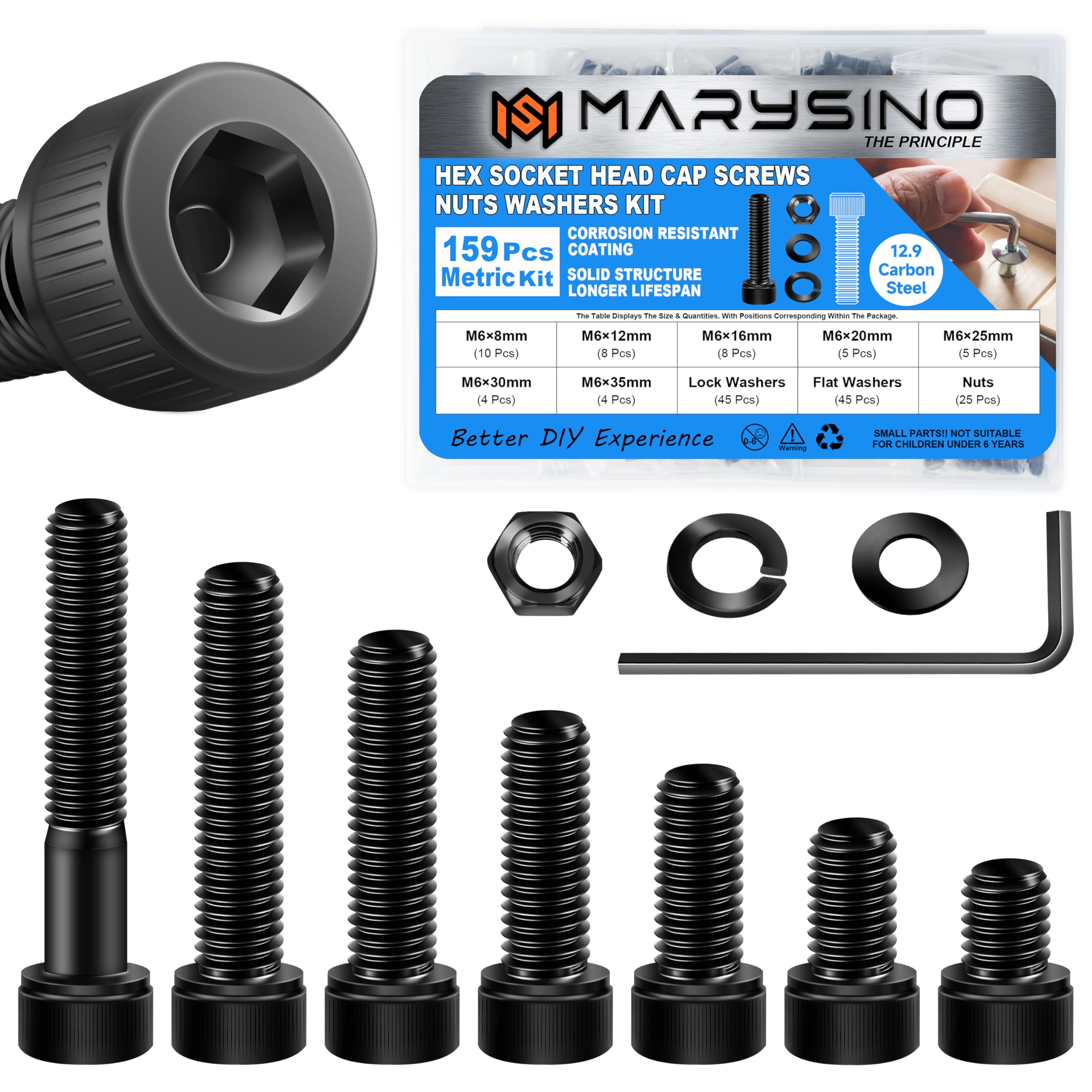 Marysino 159Pcs M6 Black Oxide Carbon Steel Hex Socket Head Cap Metric Screws Assortment Kit, Home & Office Repairs, Communication Equipment, Ship