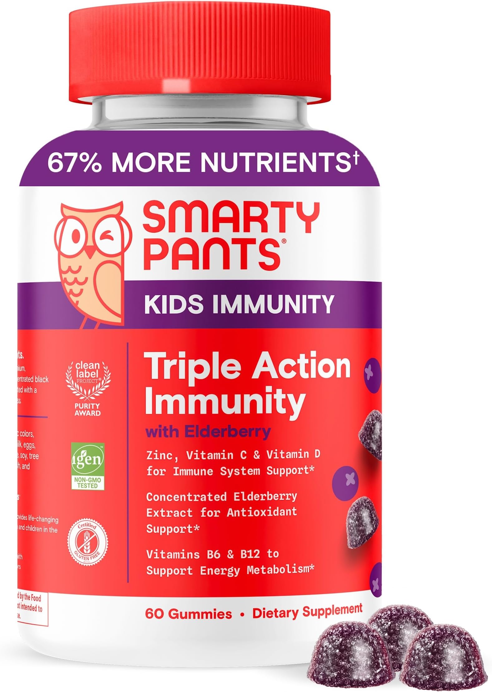 SmartyPantsKids Immunity Elderberry Gummies: Kids Immune Support Supplement, Vitamin C, Vitamin D, Vitamins B6 & B12 and Zinc, Gluten Free, Elderberry Flavor, 60 Count (30 Day Supply)
