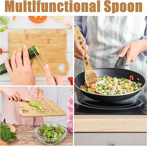 Miniatura 6 de JarThenaAMCS Tabla de cortar de madera de bambú para cocina con cucharas quemadas, mesas para picar, juego de utensilios de cocina grabados, regalo
