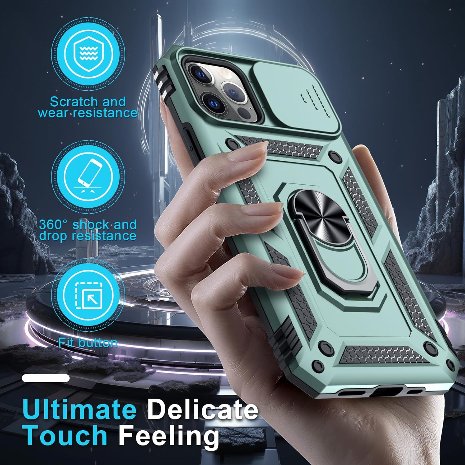 Janmitta Case for iPhone 16 Phone Cover Built in Slide Camera Lens Cover+Screen Protector,Heavy Duty Shockproof Full Body PhoneCase with Finger Ring Holder Kickstand,Dark Green - Image 7