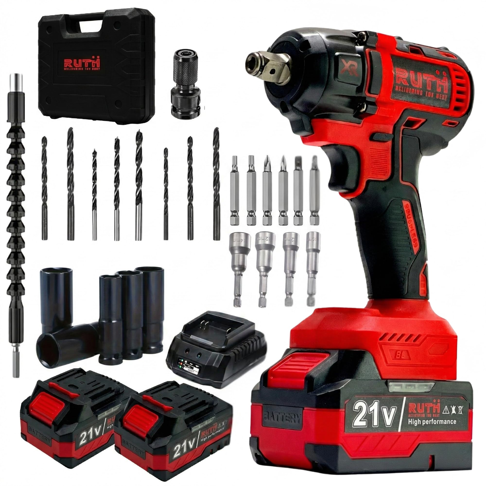 RUTH 4-in-1 Cordless Impact Wrench/Driver Drill, 850Nm, 48V, 2x5Ah Batteries | 1/2" Anvil, Variable Speed, LED | 30-Piece Kit: 5 Impact Sockets, 20 Bits, Fast Charger, Carry Case for Auto & Home Tools-picture-15