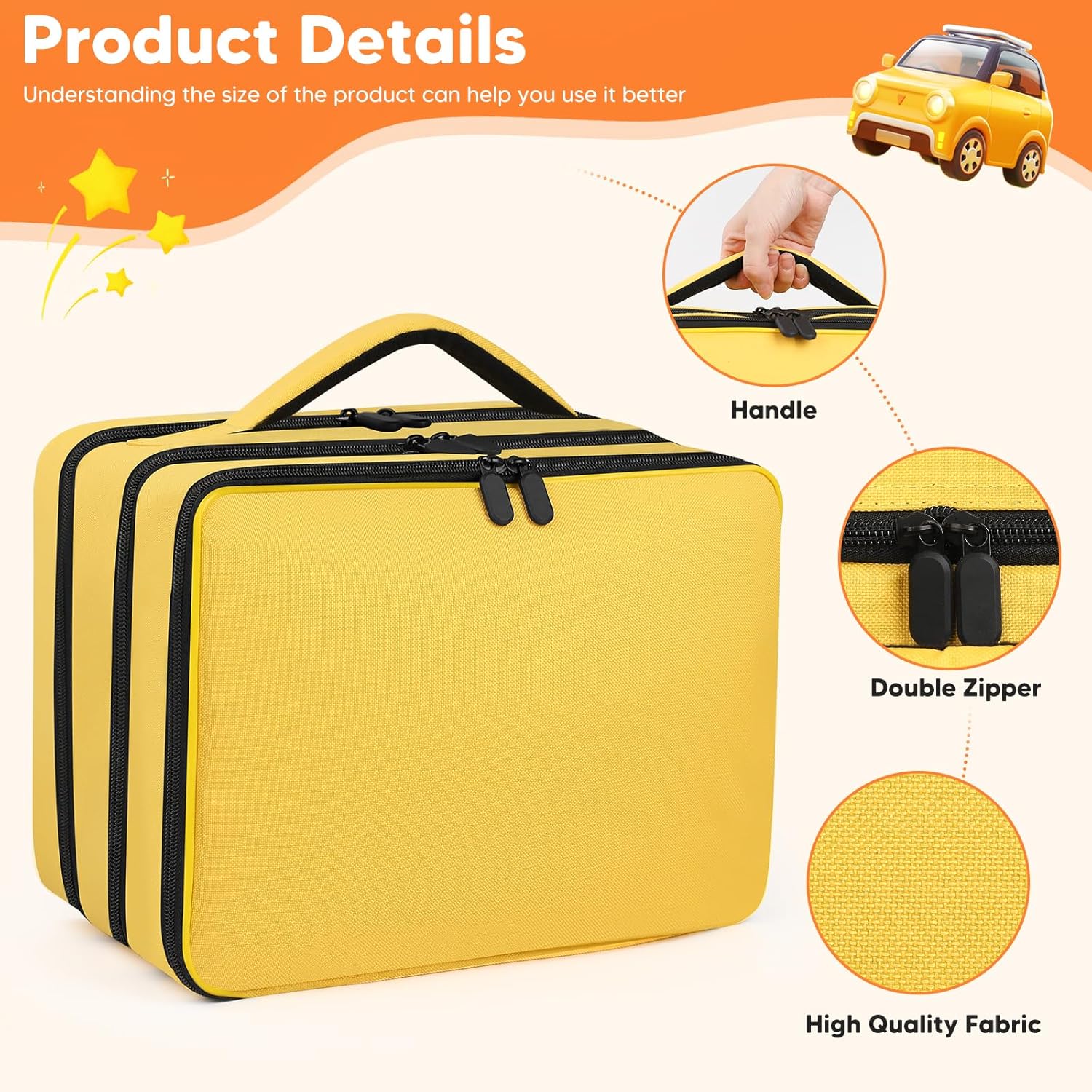 Toy Car Storage Bag Compatible with 1:64 scale HotWheels Mini Car & Monster Truck Series—Holds Up to 96 Mini Toy Cars and 9 Monster Trucks (Yellow)