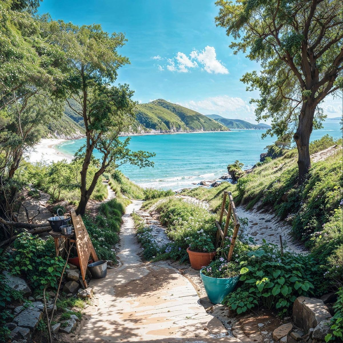 Sandy Cliff Beach Garden Mural, Tapestry & Curtain – Waterproof Outdoor Wall Hanging, Coastal Pathway Wall Art & Seaside Fence Décor W180cm x H180cm W70.87 inches x H70.87 inches