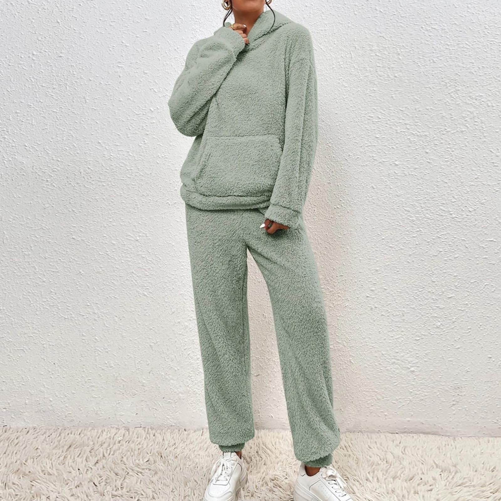 Generisch Traje de casa para mujer, pijama de forro polar, pijama largo y mullido, monocolor, sudadera y pantalón cálido, 2 piezas, traje de ocio, traje de ocio de invierno