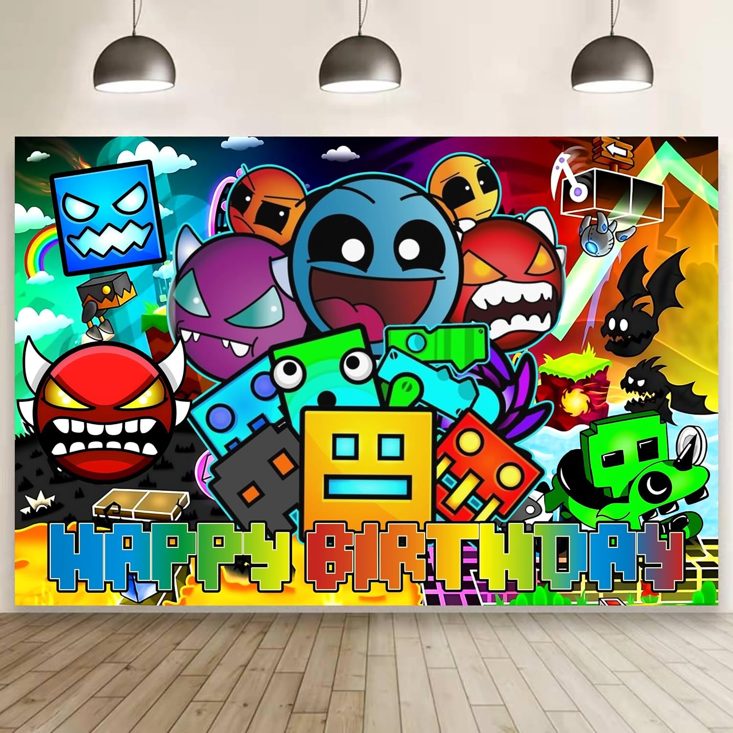 Cartoon Geometry Aesthetic Dash Polyester Backdrop for Birthday Party Decorations, Happy Birthday Banner Background for Dragon Birthday Party Supplies (5x3ft)