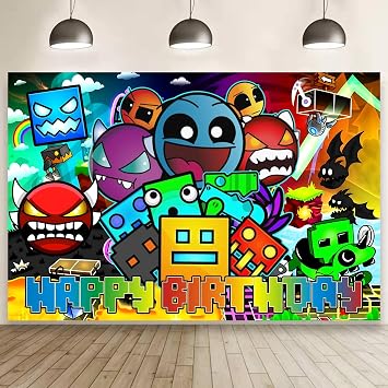 Cartoon Geometry Aesthetic Dash Polyester Backdrop for Birthday Party Decorations, Happy Birthday Banner Background for Dragon Birthday Party Supplies 5x3ft