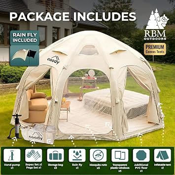 Coody Inflatable Canvas Camping Tents with Stove Jack Premium Air Beam Family Glamping Tent, Breathable Cotton Canvas, Fast Setup Air Tent with Pump