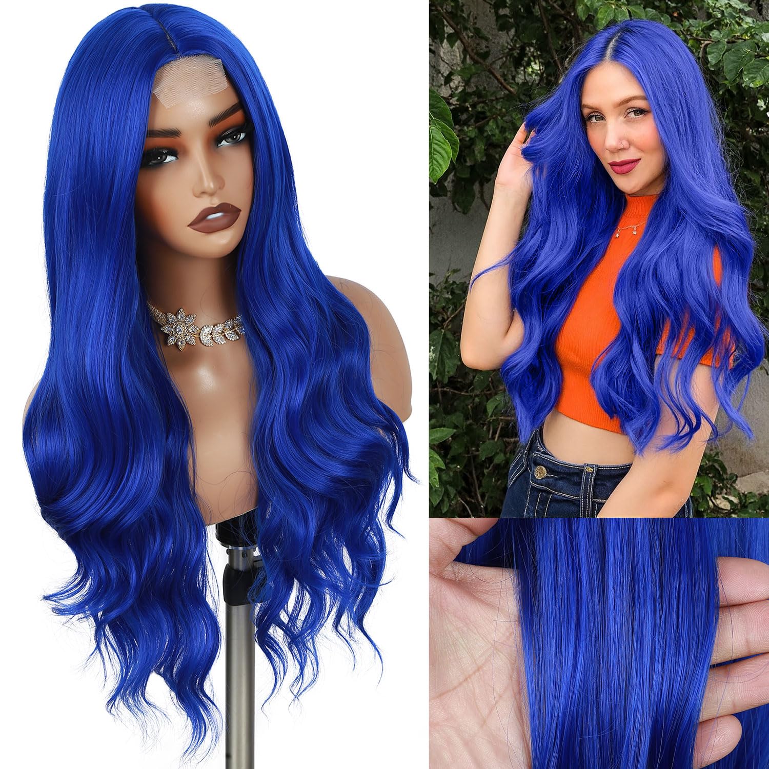 Fancy Hair Long Blue Wavy Wigs for Women Curly Middle Part Blue Wig Natural Looking Synthetic Heat Resistant Fiber Wigs Hair for Daily Party Halloween Use (Dark Blue)