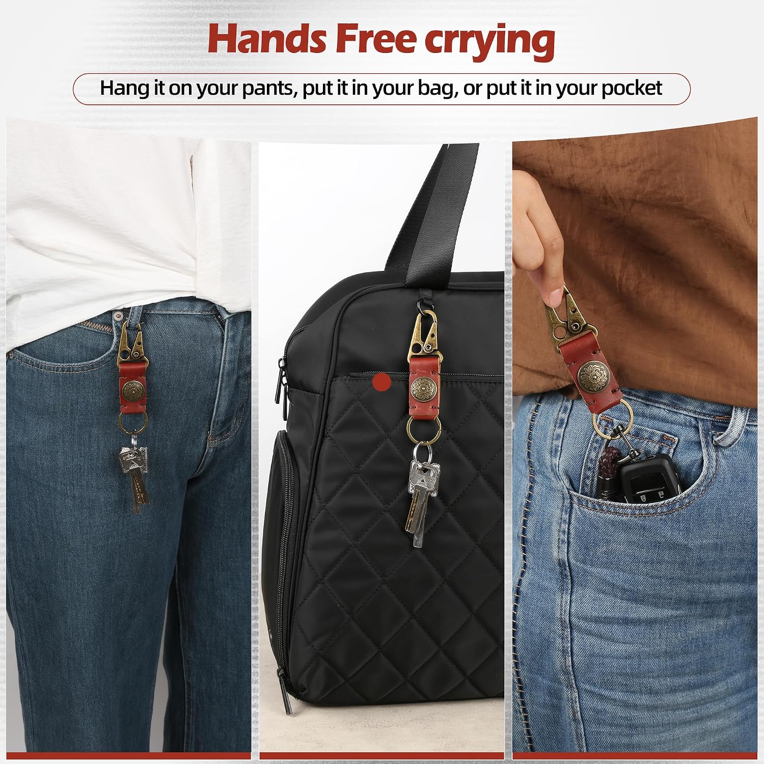Leather keychains, durable metal keychains for adults, belt keychain clips with self-locking metal door clamps