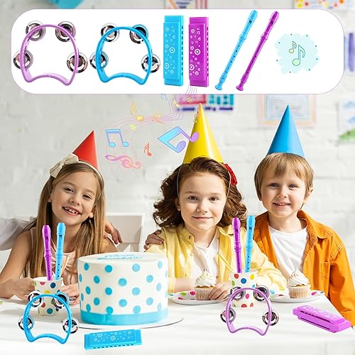 Miniatura 4 de Juego de 6 instrumentos musicales para niños, incluye armónica de plástico y pandereta de campana de mano para niños y niñas, suministros de