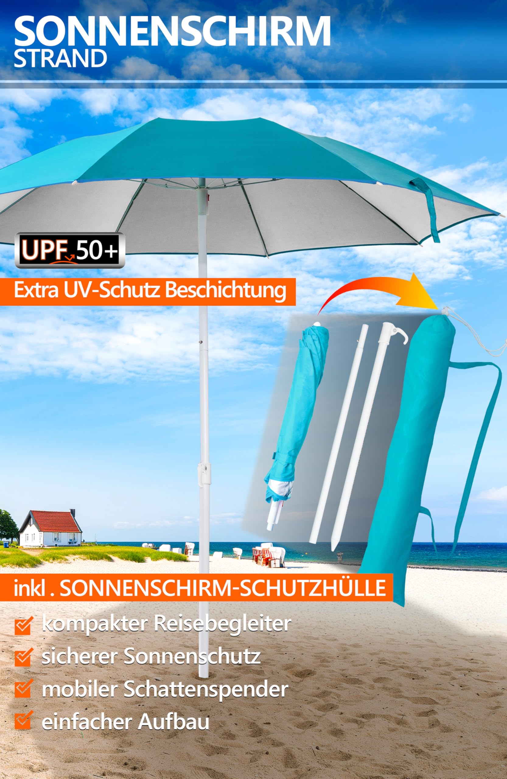 Nautica Strandschirm 2,1 M – Mit LSF 50+, Belüftet, Sandbeschwert, Ultrastabil Für Strand Und Garten