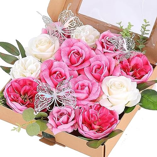 Juego de flores artificiales, flores falsas con tallos, rosas con hojas desmontables y vegetación para ramos de boda, centros de mesa, relleno de