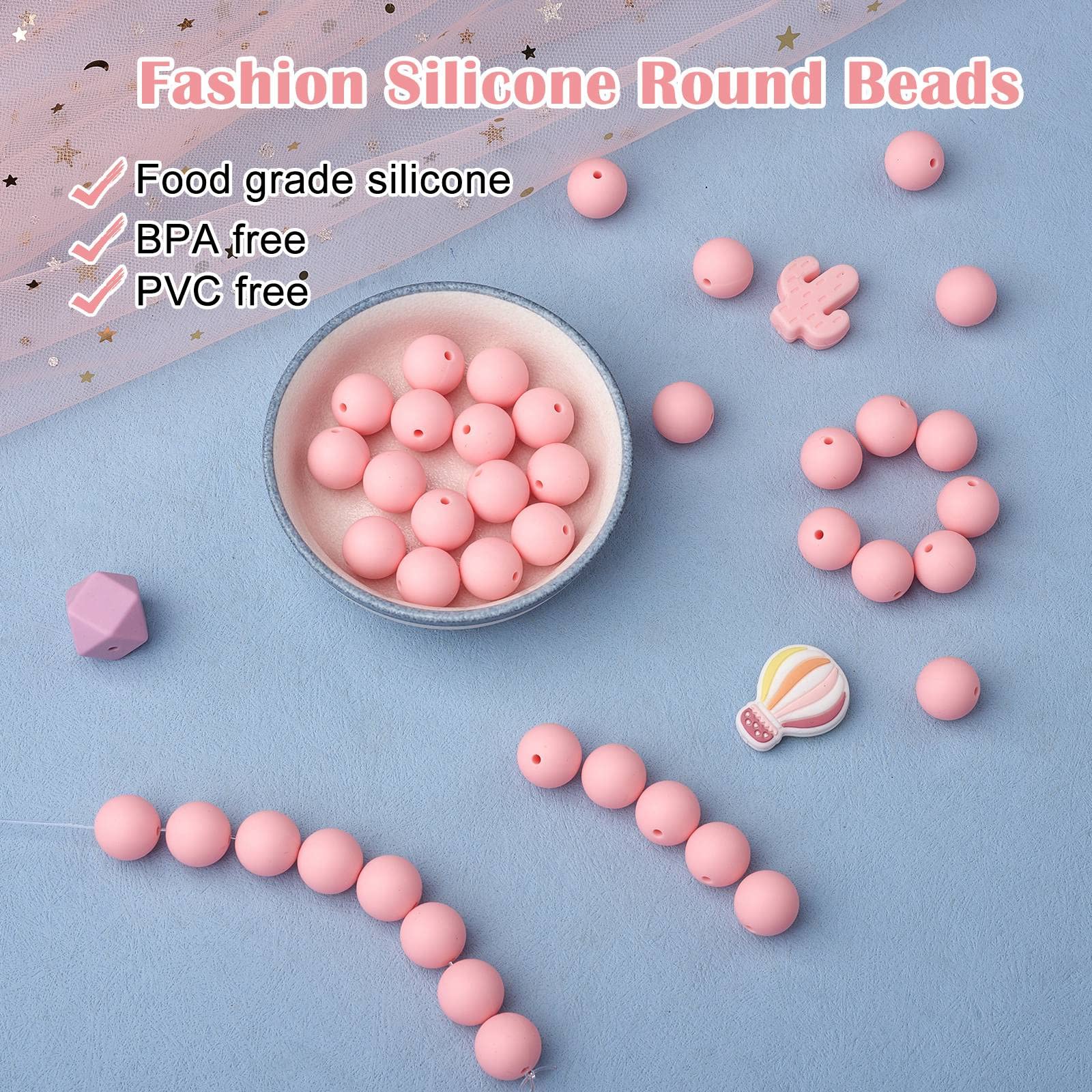 BEEFLYING 100 Pieces Silicone Beads 15mm Round Rubber Focal Bead Loose Spacer Beads for Keychain Making Pen Bracelet Necklace Jewelry DIY Craft (Pink) - Image 3