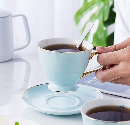 Miniatura 5 de Jusalpha Juego de 6 tazas de té y platillo de porcelana fina con platillo y cuchara (FD-TCS02 azul (6), 7 onzas