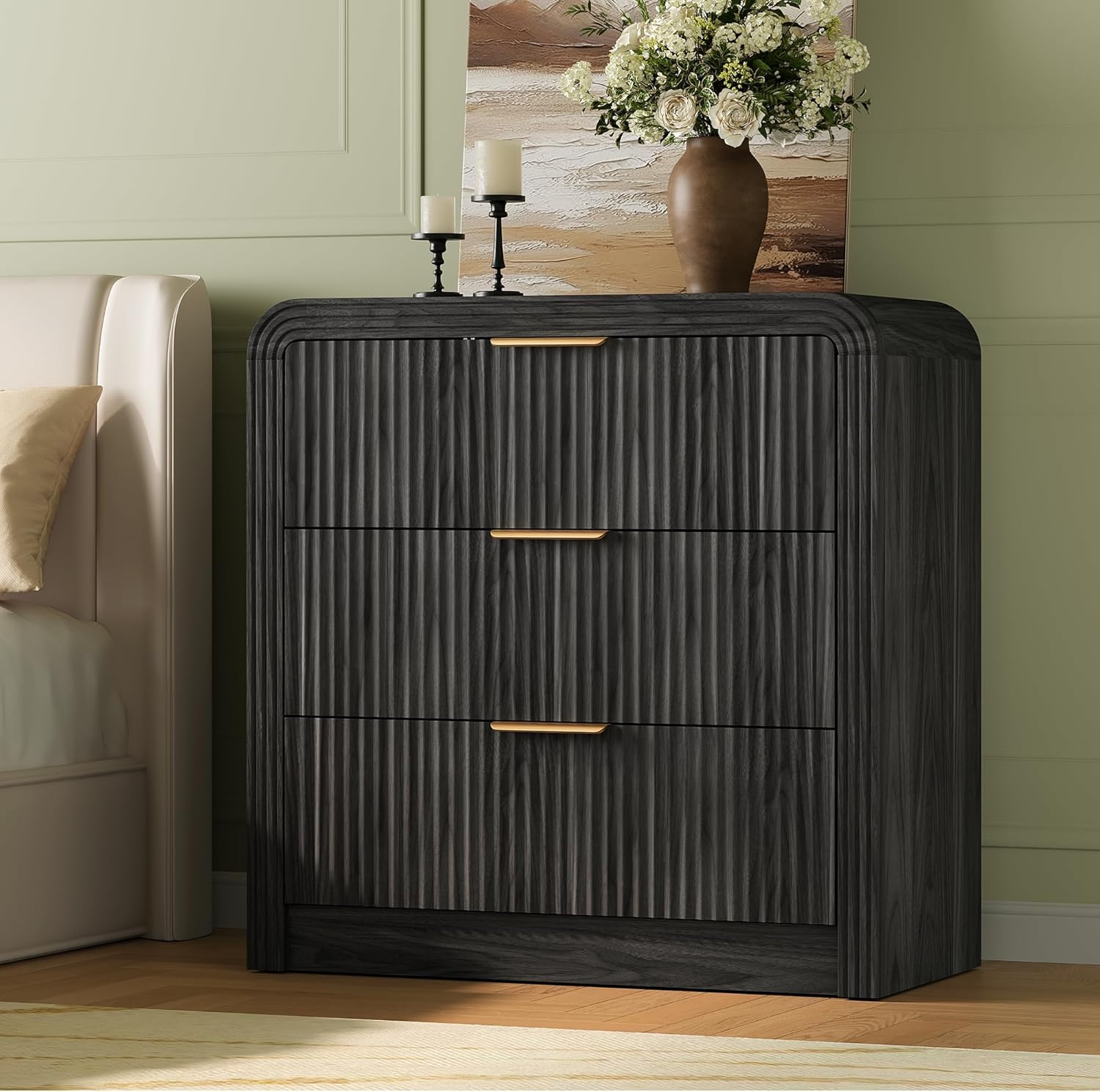 31.5" Wide Oversized Fluted Nightstand, Curved Profile Design, Modern Beside Table with 3 Large Storage Drawers, End Table for Bedroom (Dark Gray)