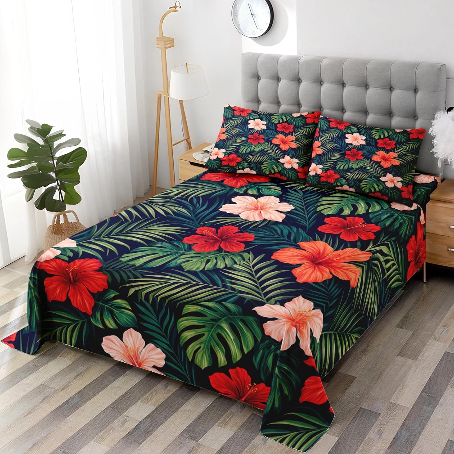 Pamnest King Size Bed Sheet Sets, Summer Hawaiian Soft Microfiber 4 Pcs Bedding Sets for Kids and Adults Bedroom Bed Decor, Tropical Hibiscus Plants Flat, Fitted Sheet and 2 Pillowcases
