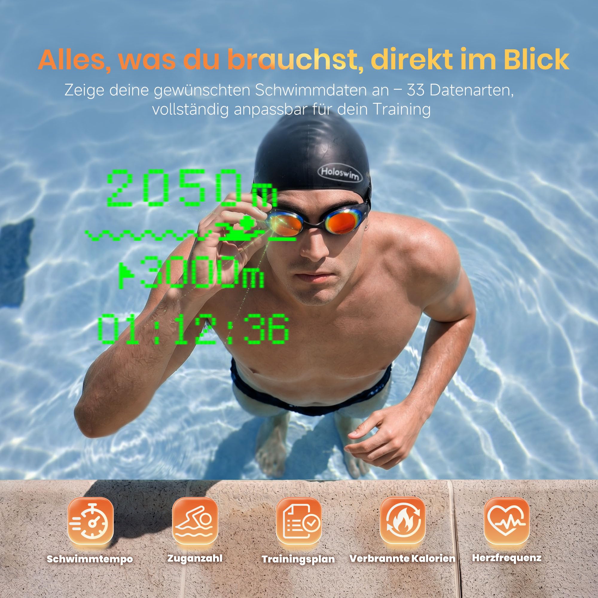 Holoswim Intelligente Schwimmbrille, 3 Profi-Schwimmbrillen, AR-Brille für Echtzeit-Anzeige