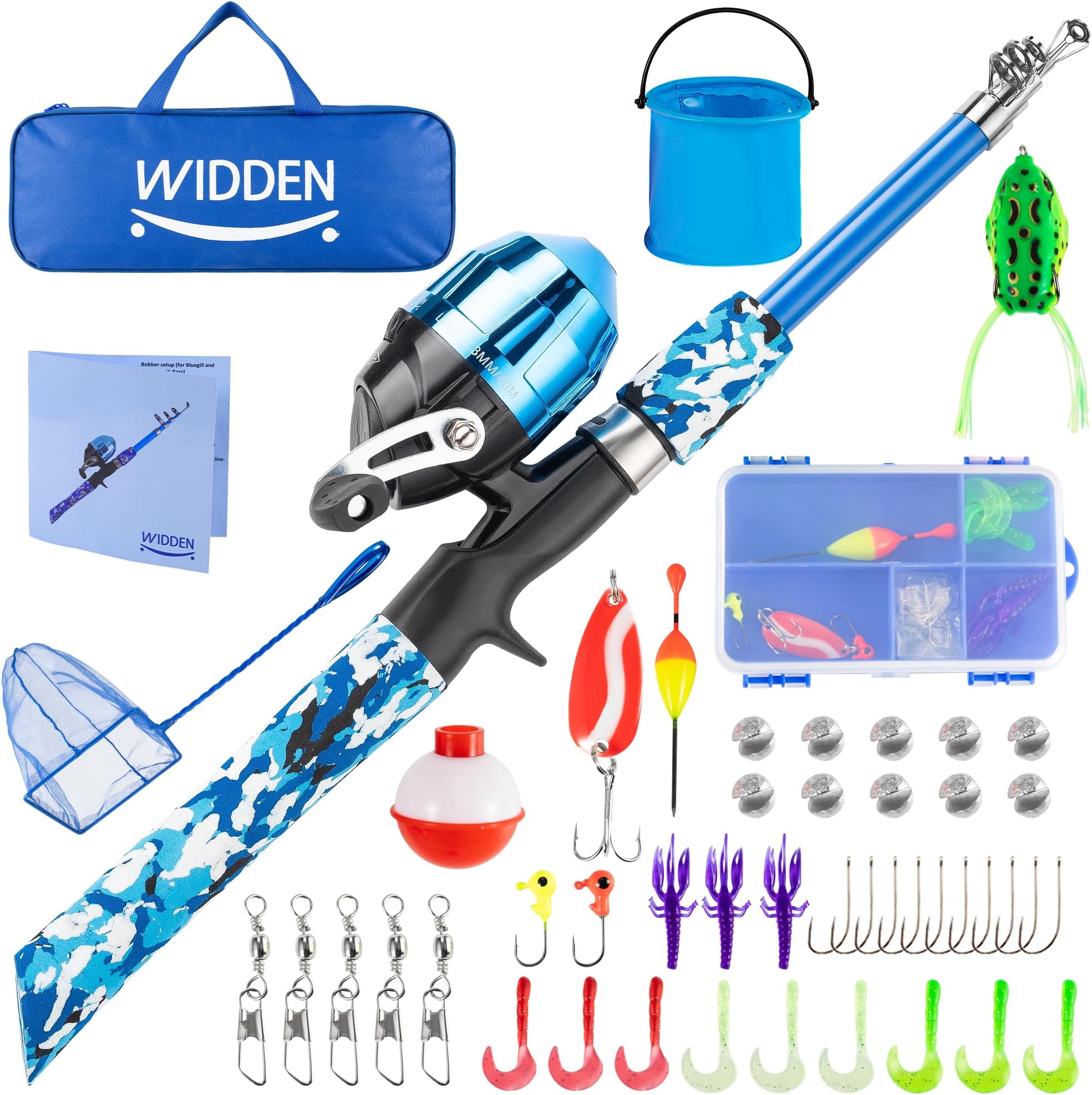 WIDDEN Kids Fishing Pole, Portable Telescopic Kids Fishing Poles for Boys and Girls, Fishing Rod and Reel Combo Kit with Tackle Box, and Fishing Net, Best Fishing Pole for Toddler Youth