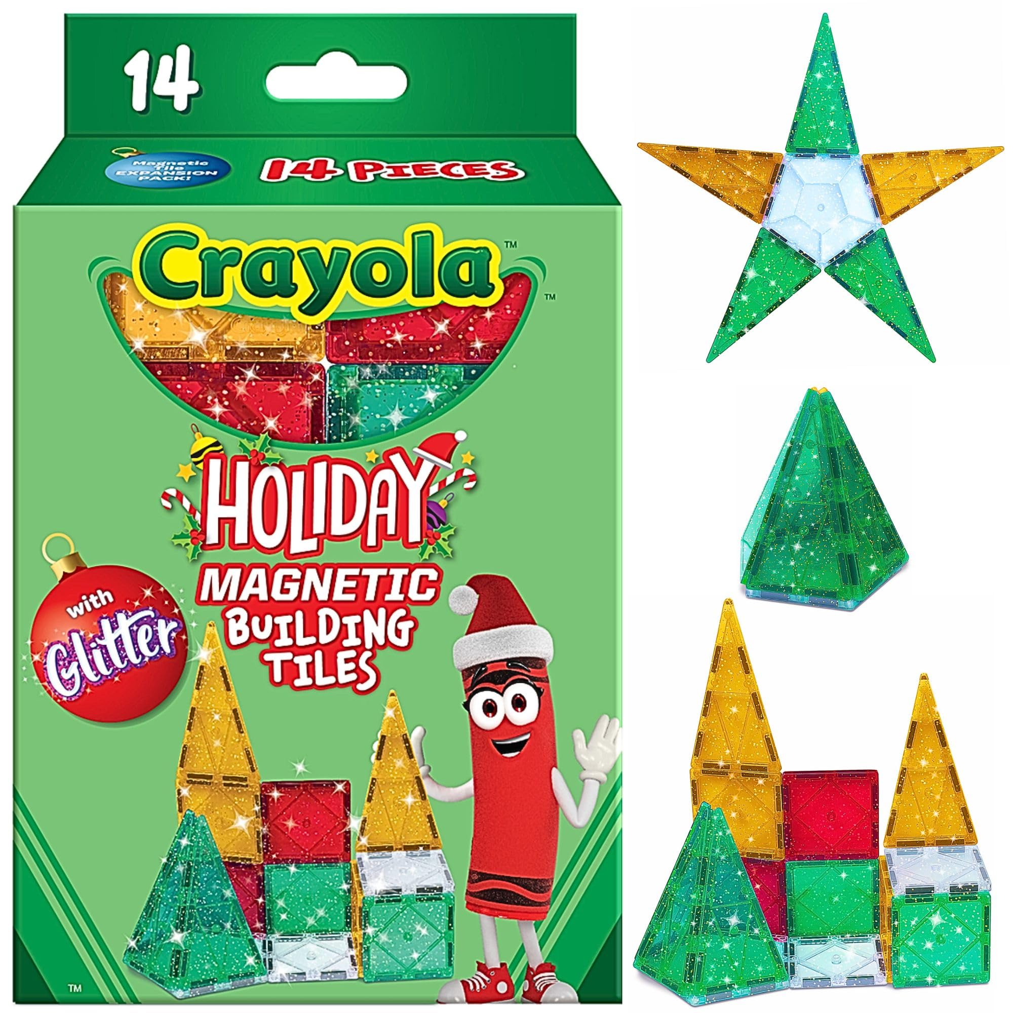 CreateOn Crayola Holiday Glitter Magnetic Tiles, Building Set for Kids, Magnetic Building Toys for Kids, STEM Travel Toys for Boys and Girls Ages 3+, 14-Piece Set (Holiday Glitter)