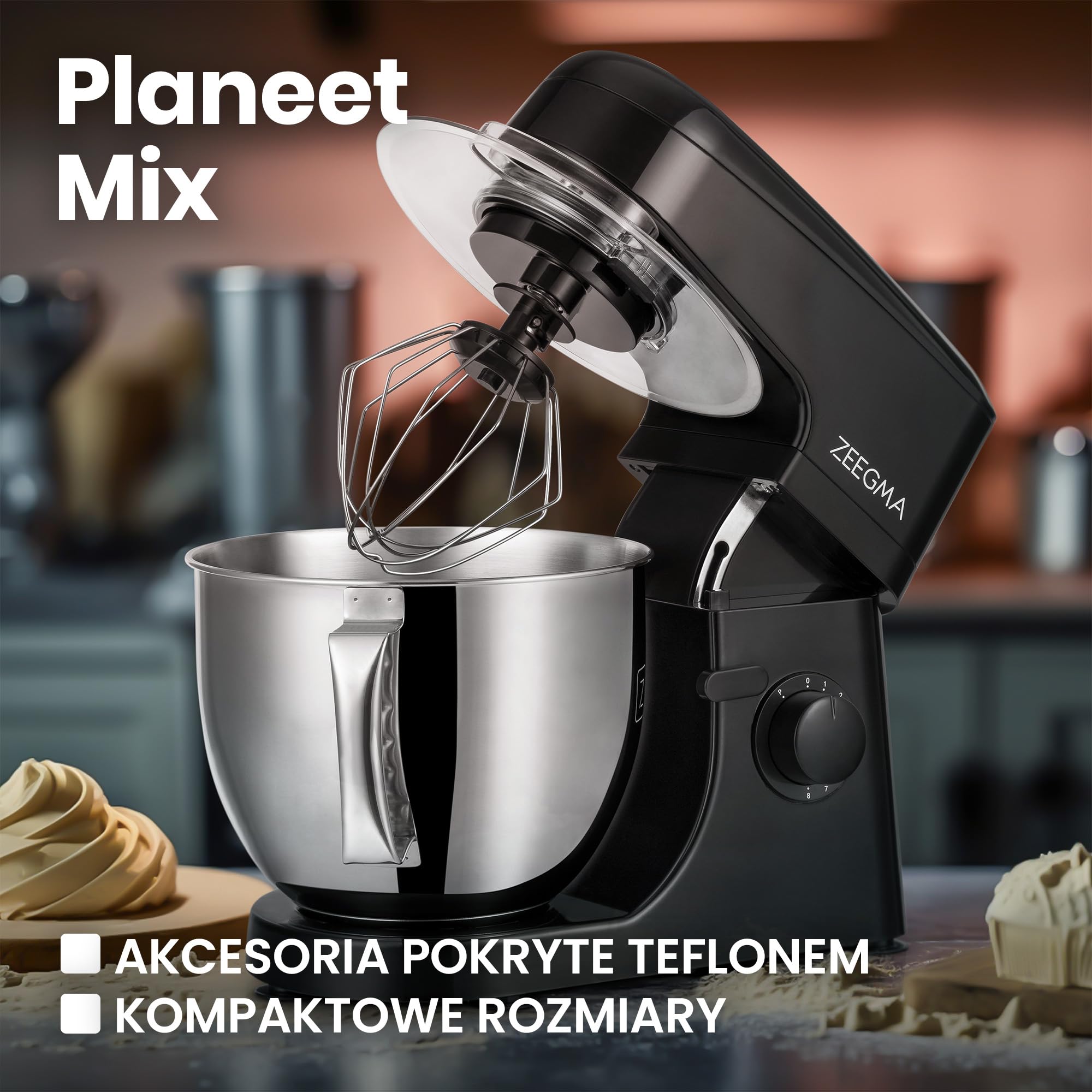 ZEEGMA PLANEET MIX Robot Planetarny 1800 W, Wielofunkcyjny Robot Kuchenny z Misą 5L z Uchwytem i Pokrywką, 8 Prędkości Pracy, 3 Narzędzia Miksujące Panel Dotykowy (Czarny)