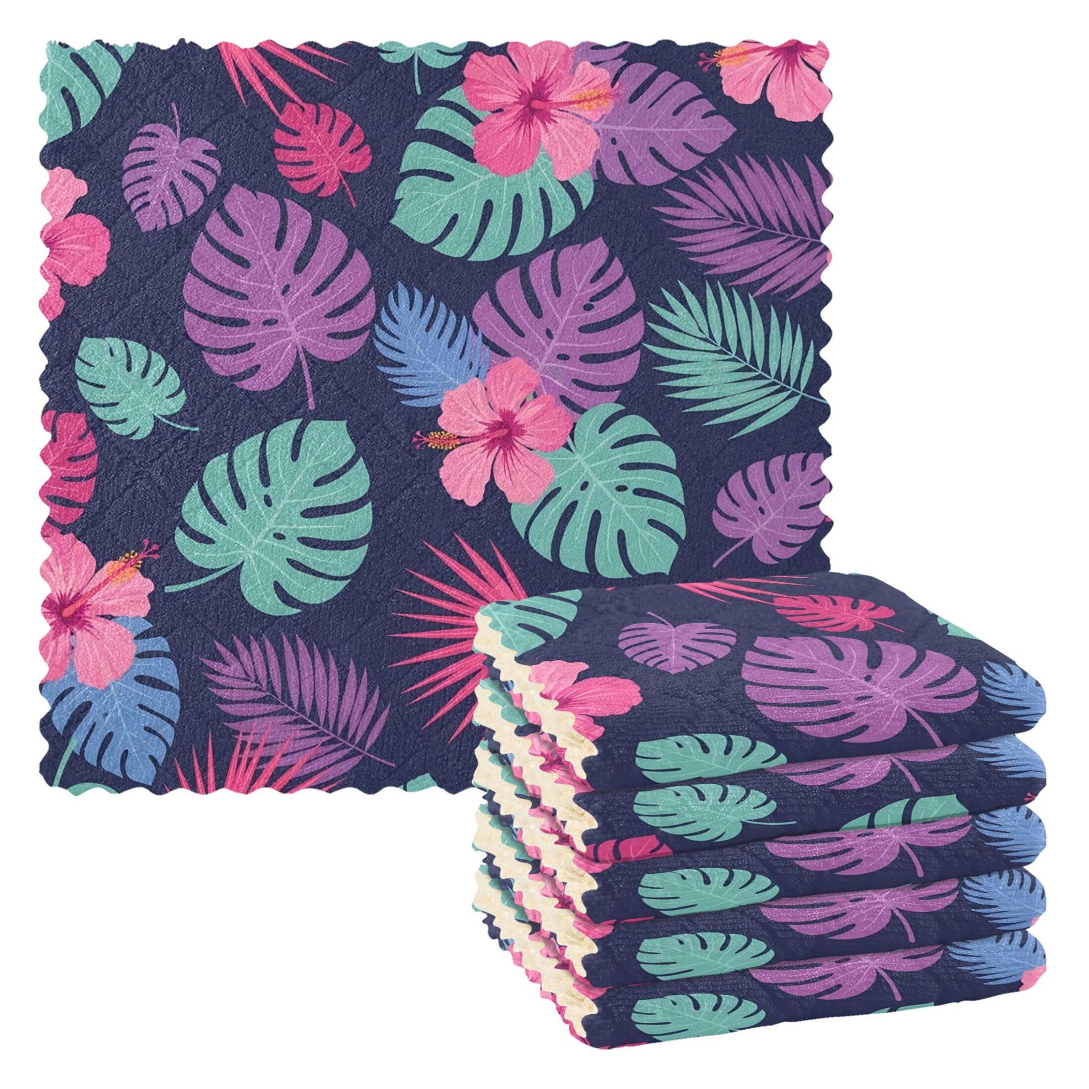 Fuauuyl Hibiscus Monstera Leaves Kitchen Dish Towel Set of 6, Soft Absorbent Washable Cleaning Cloths Dish Rags Tea Bar Drying Towels, 11x11 In
