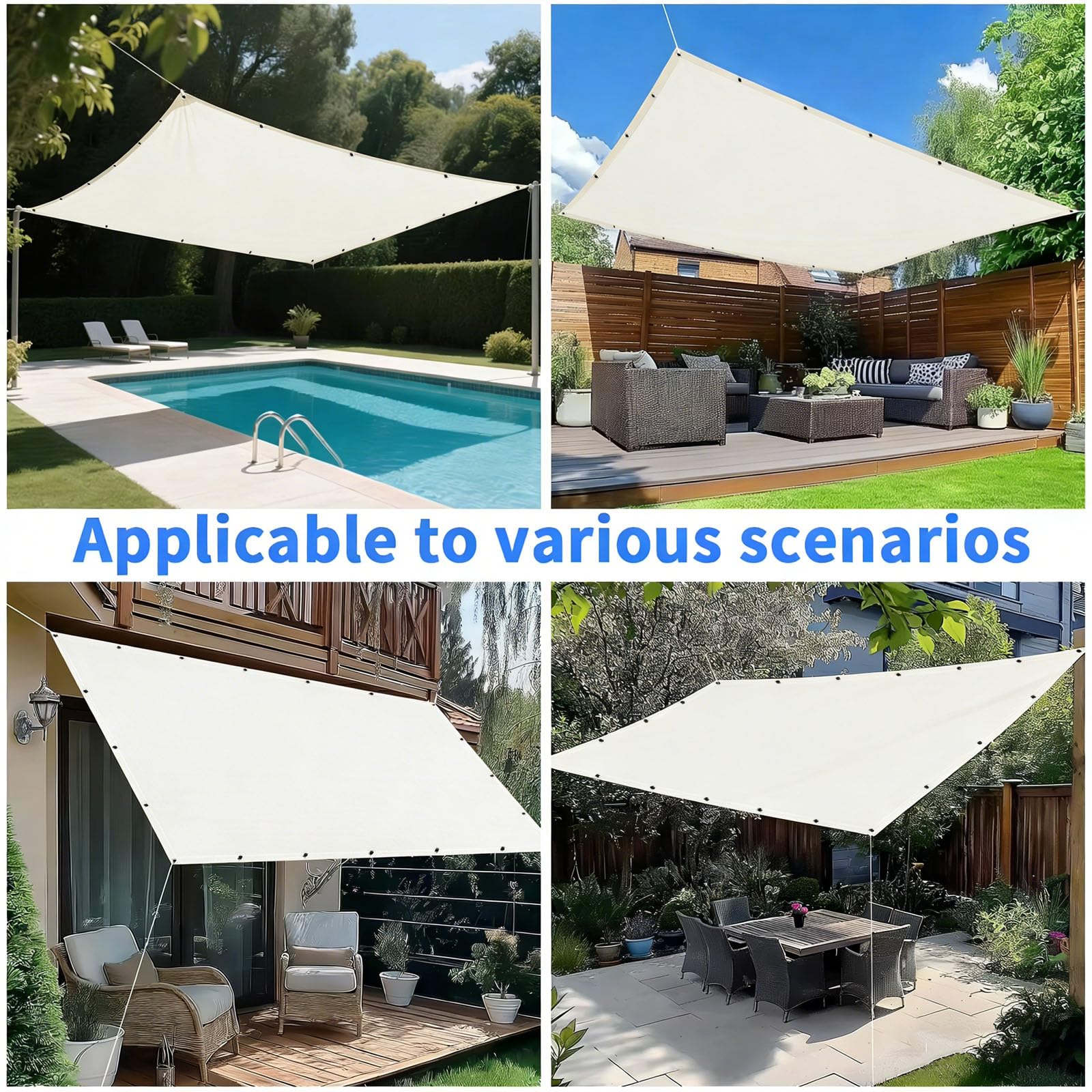 Sonnensegel 3.5x4M Wasserdicht Rechteckig mit Ösen, Sonnensegel Rechteck, Sonnenschutz Windschutz, inkl Befestigungsseile, Markisenstoff 95% UV-Schutz für Garten Balkon Terrasse - Gebrochenes Weiß