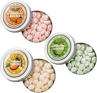 Sour Drops | Variety Flavor Sours | Tangerine, Mango, Green Apple Hard Candy Drops | 3.5 Ounce Tins - 3 Pack | No Artificial Dyes