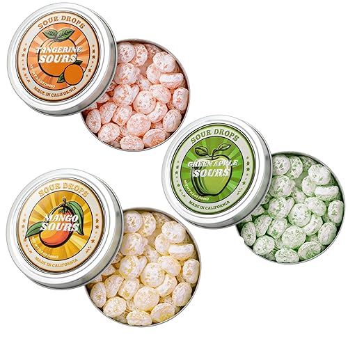 Vista 12 de Sour Drops - Lotes pequeños de frutas agrias - Mandarina, sandía, frambuesa azul - Sin tintes artificiales, veganos y sin gluten - 3 latas de regalo