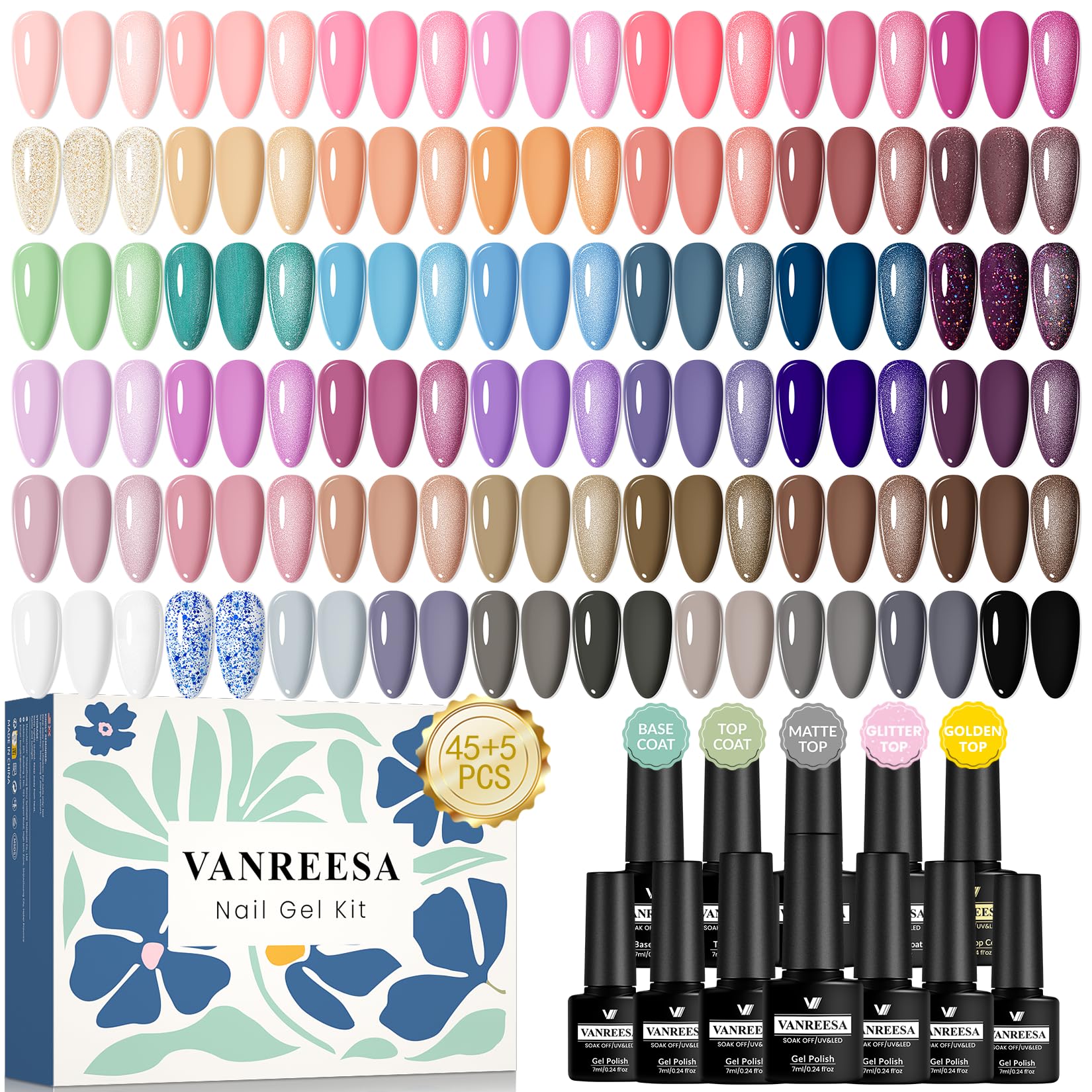 VANREESA U V Nagellack Set, 50 Stück Gelnägel Starterset mit Unterlack und Überlack 45 Farben Maniküre Starterset Rosa Lila Braun Gel Nägel Set Soak off Gel Nail Polish Geschenk für Frauen