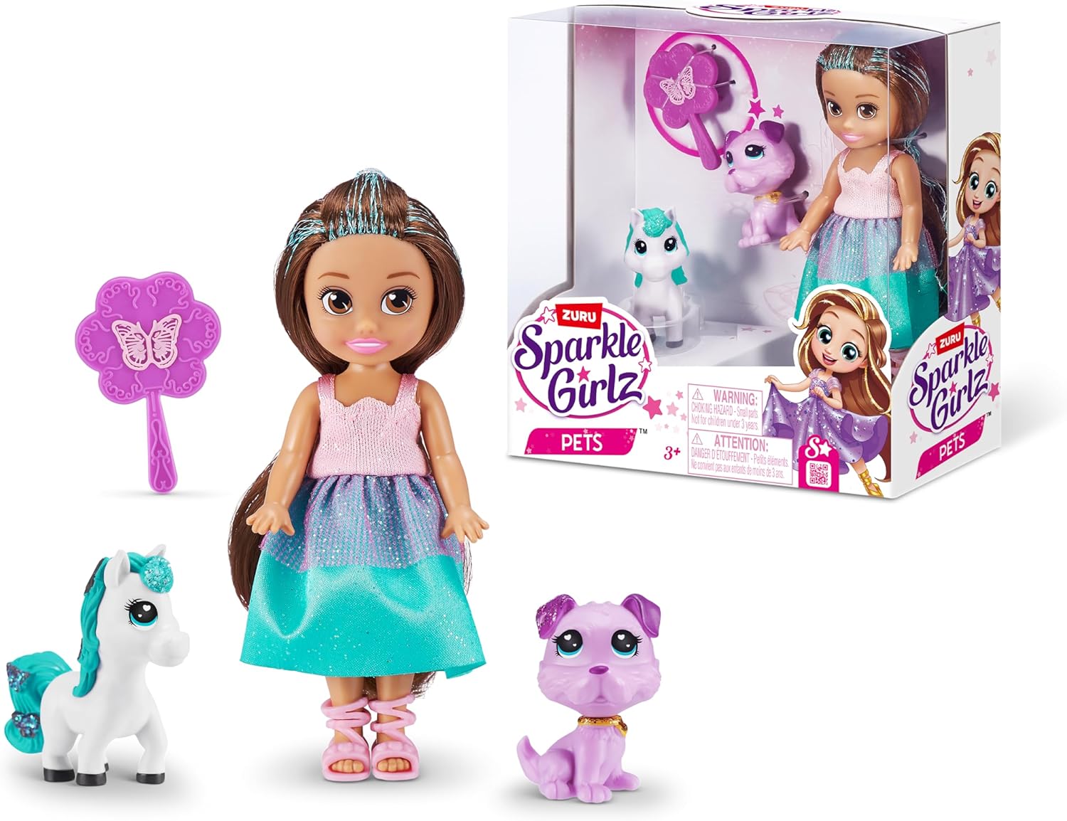 Sparkle Girlz Princess Doll and Pet Set (Pink & Cat Set) by ZURU 2 Pets, Hair Styling for Kids, Dog, Cat, Unicorn, Nurture Toys for Girls, Posable Fashion Doll, Removable Dress, Gifts for Girls 4-8