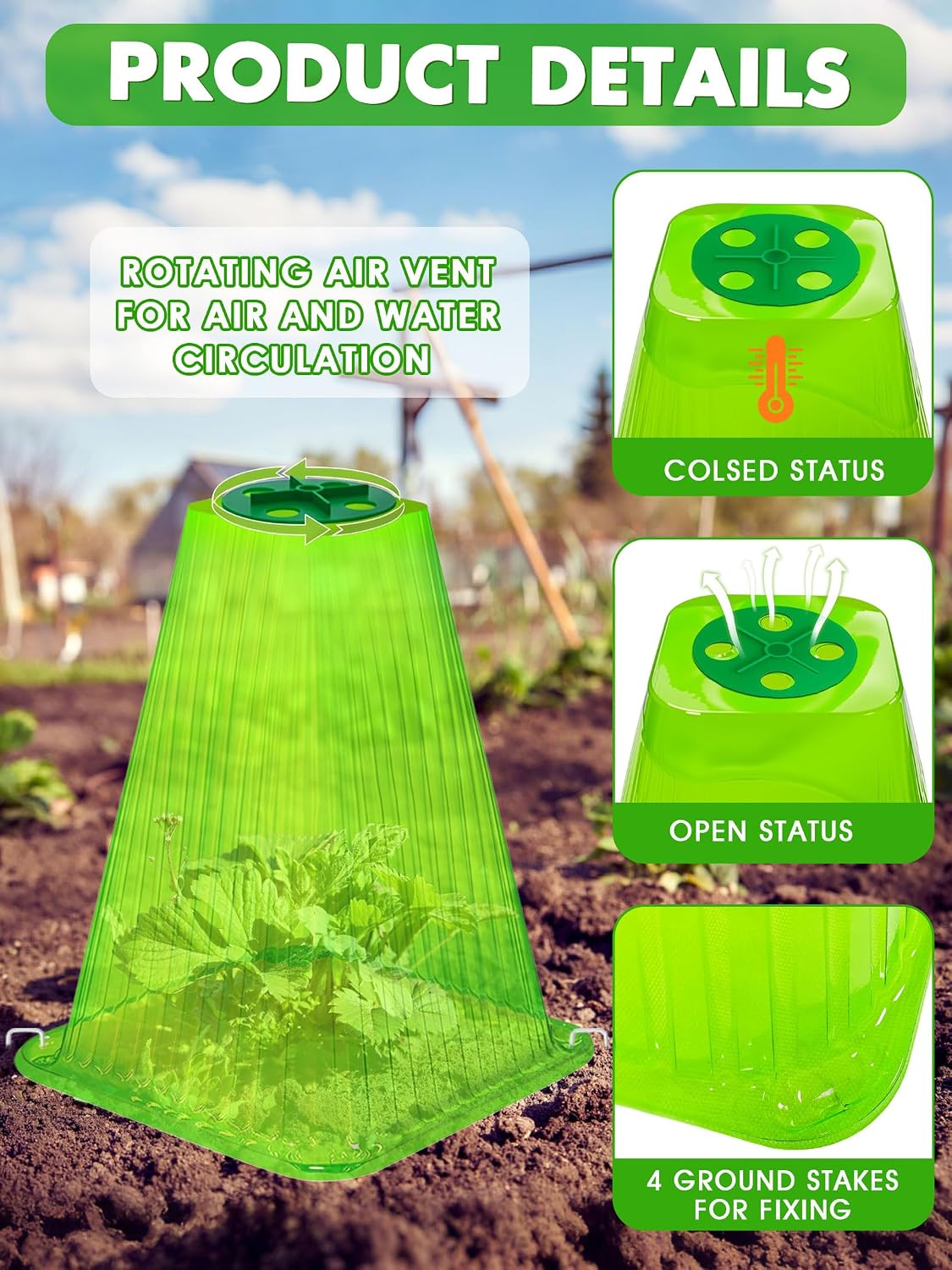 20 Pack Garden Cloches for Plants,9.4" H X 7.8" D Reusable Bell Plant Protector with 40 Ground Stakes and Rotary Vent Cover,Plant Covers Freeze Protection from Animals Snails Birds Chickens (Green)