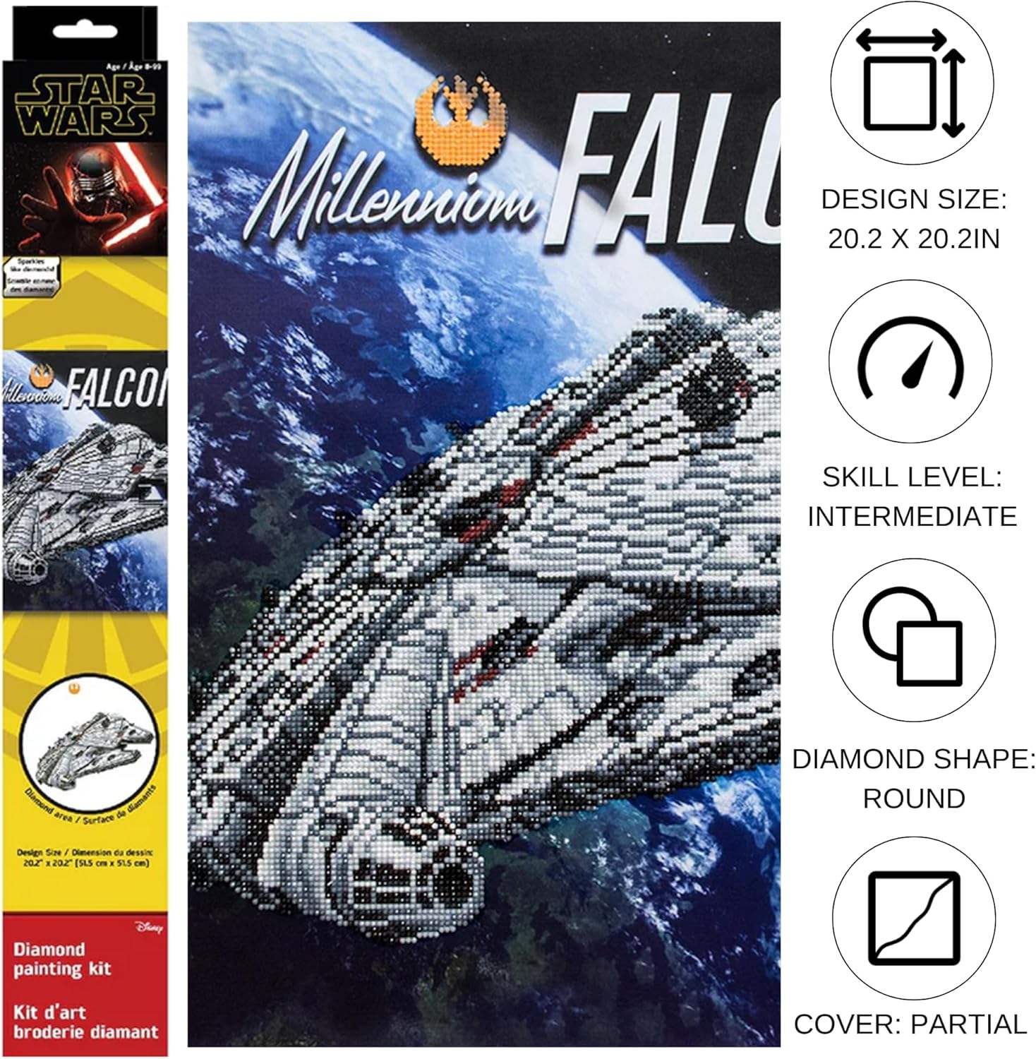DIAMOND DOTZ Star Wars Millennium Falcon Diamond Painting Kits for Adults - Diamond Art Kits a Relaxing Creative Craft Kit with Dotz Gems 12x32