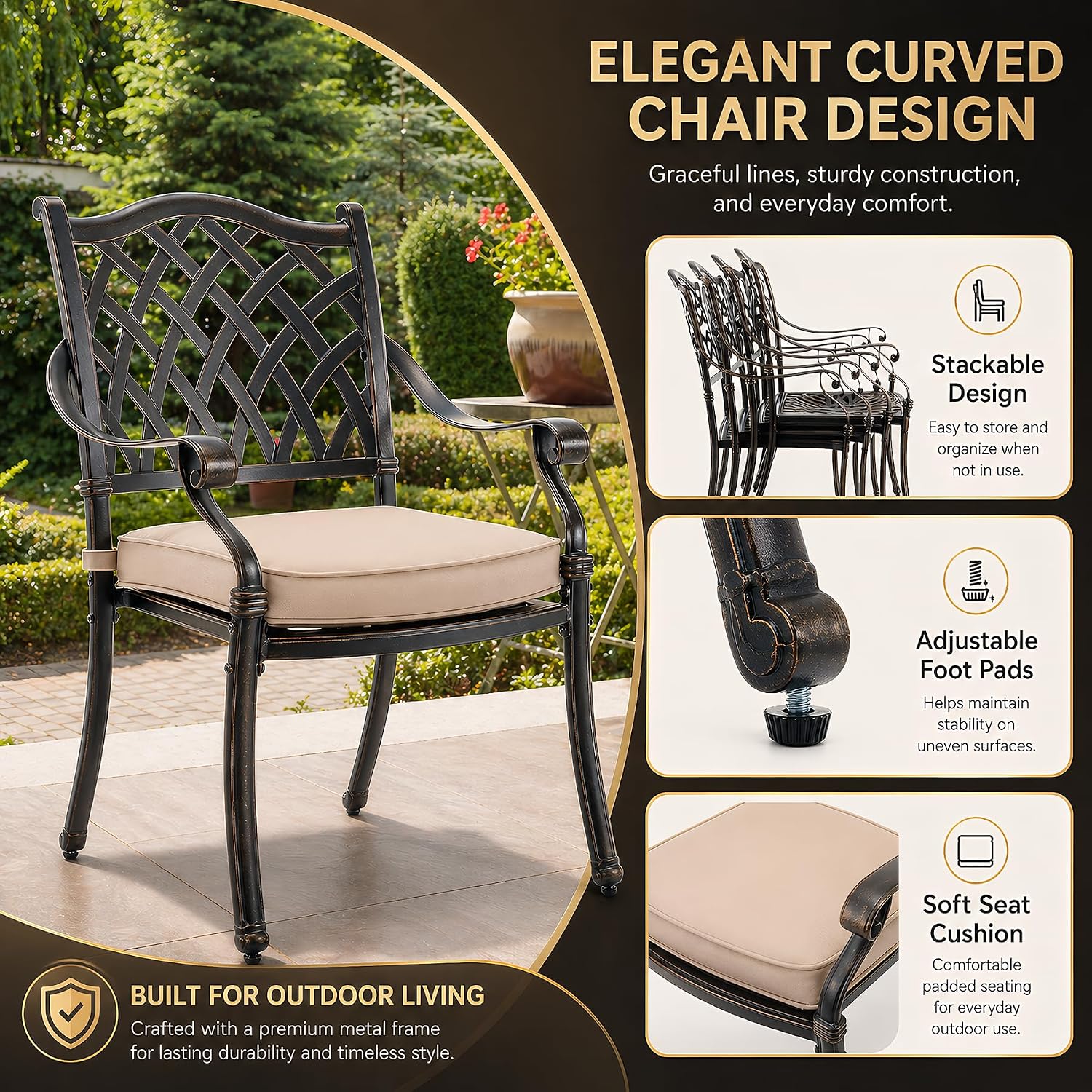 7 Piece Outdoor Dining Set Cast Aluminum, Retro Patio Dining Set for 6 Includes 59” Rectangular Table with Thicker Cushions and Umbrella Hole for Patio Deck Garden