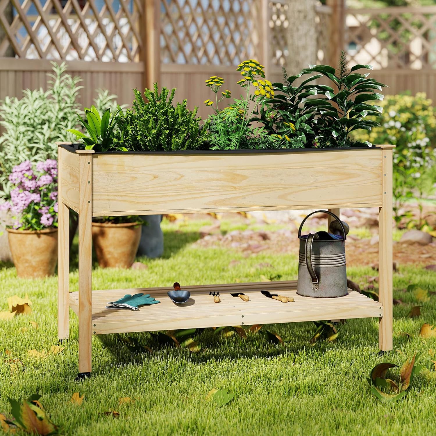 S AFSTAR Wooden Raised Garden Bed with Wheels, Elevated Planter Box with Legs, Storage Shelf, Liner & Drainage Holes, Indoor Outdoor Patio Gardening Box for Vegetable, Flower & Herb