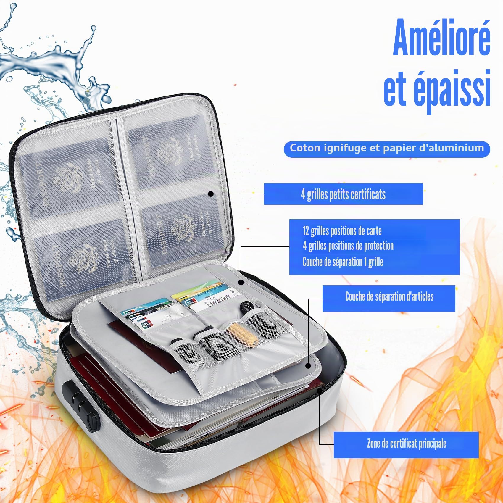 Boîte de Documents Ignifuge et Étanche Organisateur de Fichiers A4 pour Certificats, Papiers Importants Sac de Sécurité à Verrou