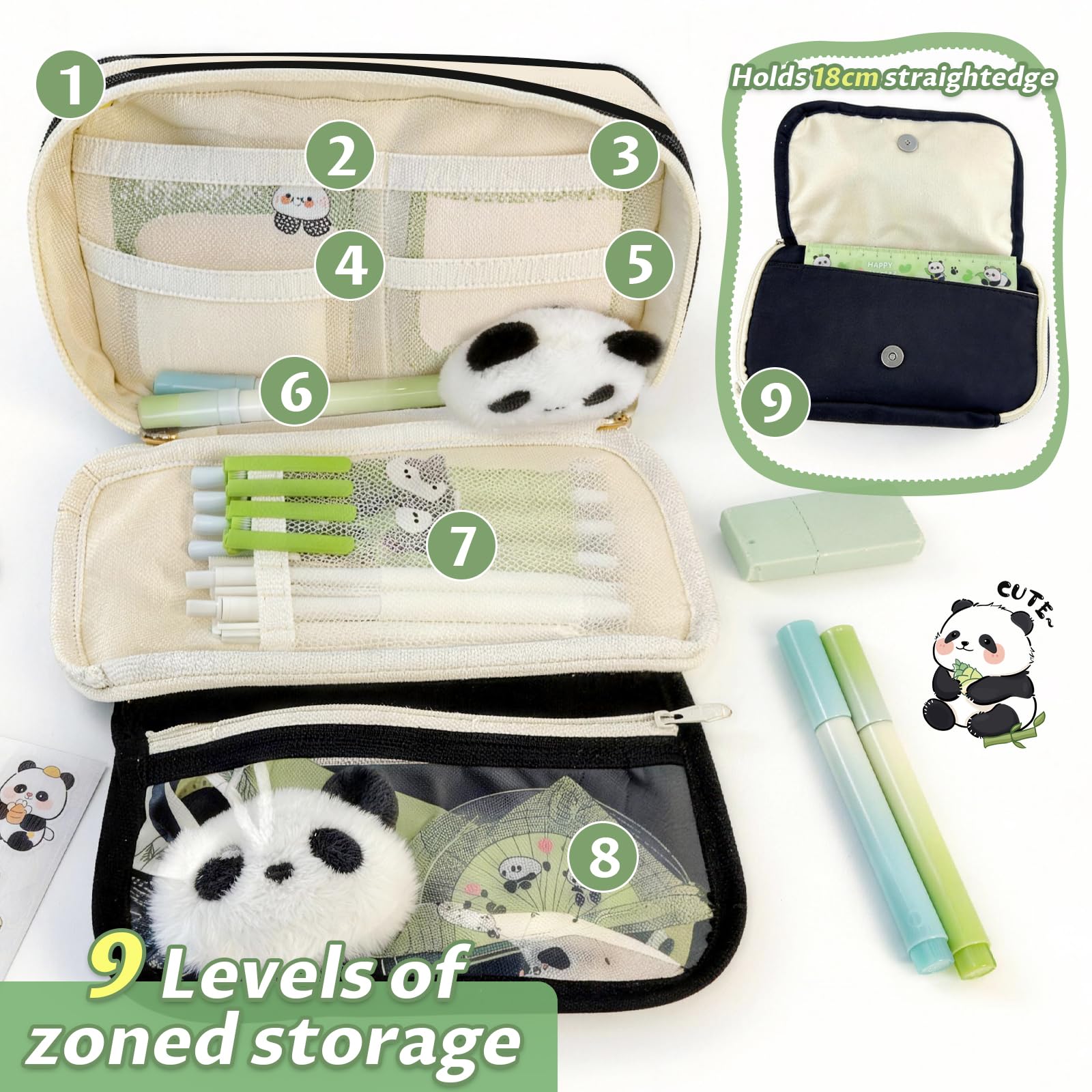 28 Pcs Trousse Panda Ensemble, Trois étages, Trousse Kawaii Panda | avec Surligneurs, Stylos gel, Règle, Ensemble de Fournitures Scolaires pour les Notes ou les Devoirs Quotidiens