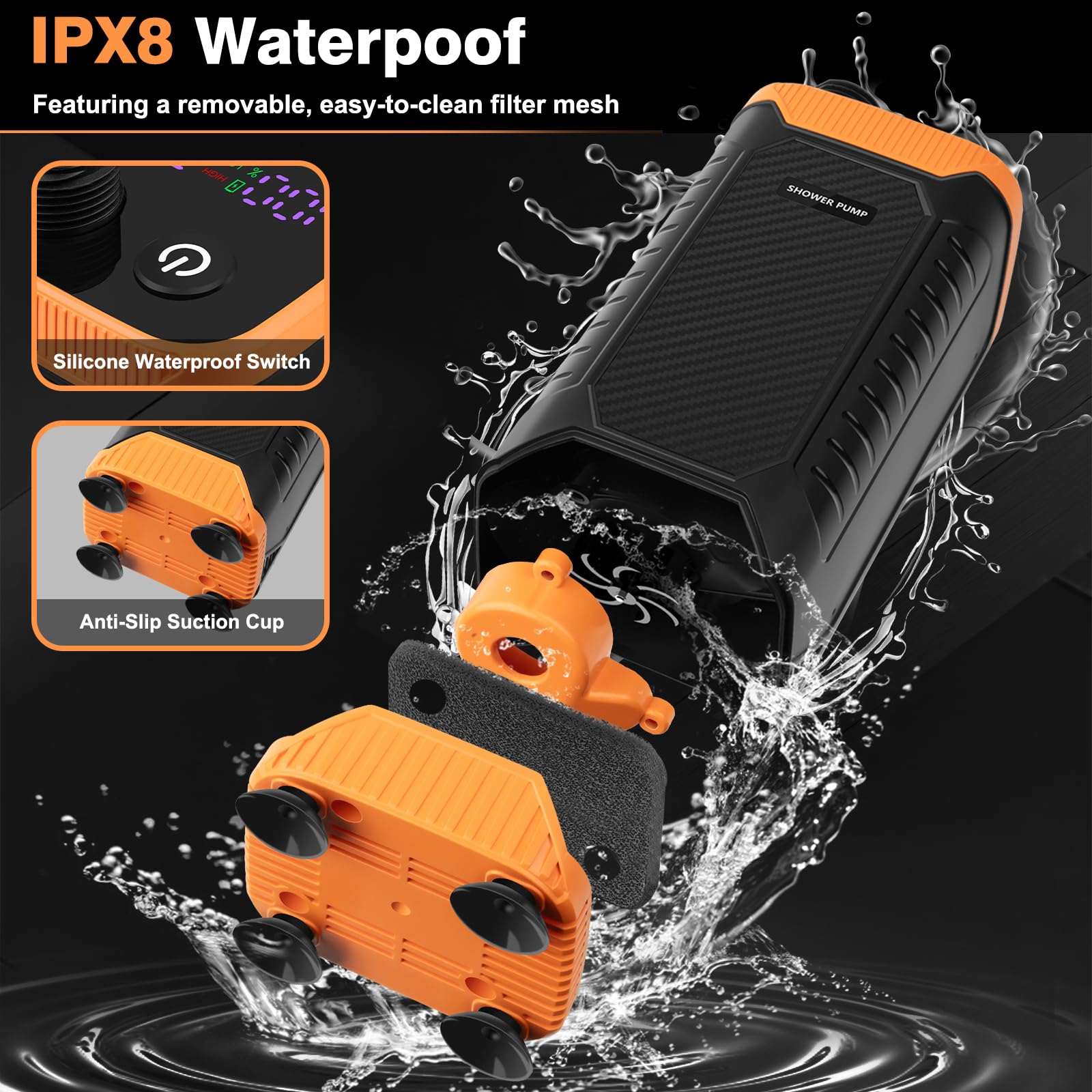 Uplayteck Ducha Portátil con Bomba, 8000mAh Ducha de Camping Portatil Recargable con IPX8 Impermeabilización y con Pantalla Temperatura, Set de Ducha Electrica para Acampar, Viajes y Playa - 5