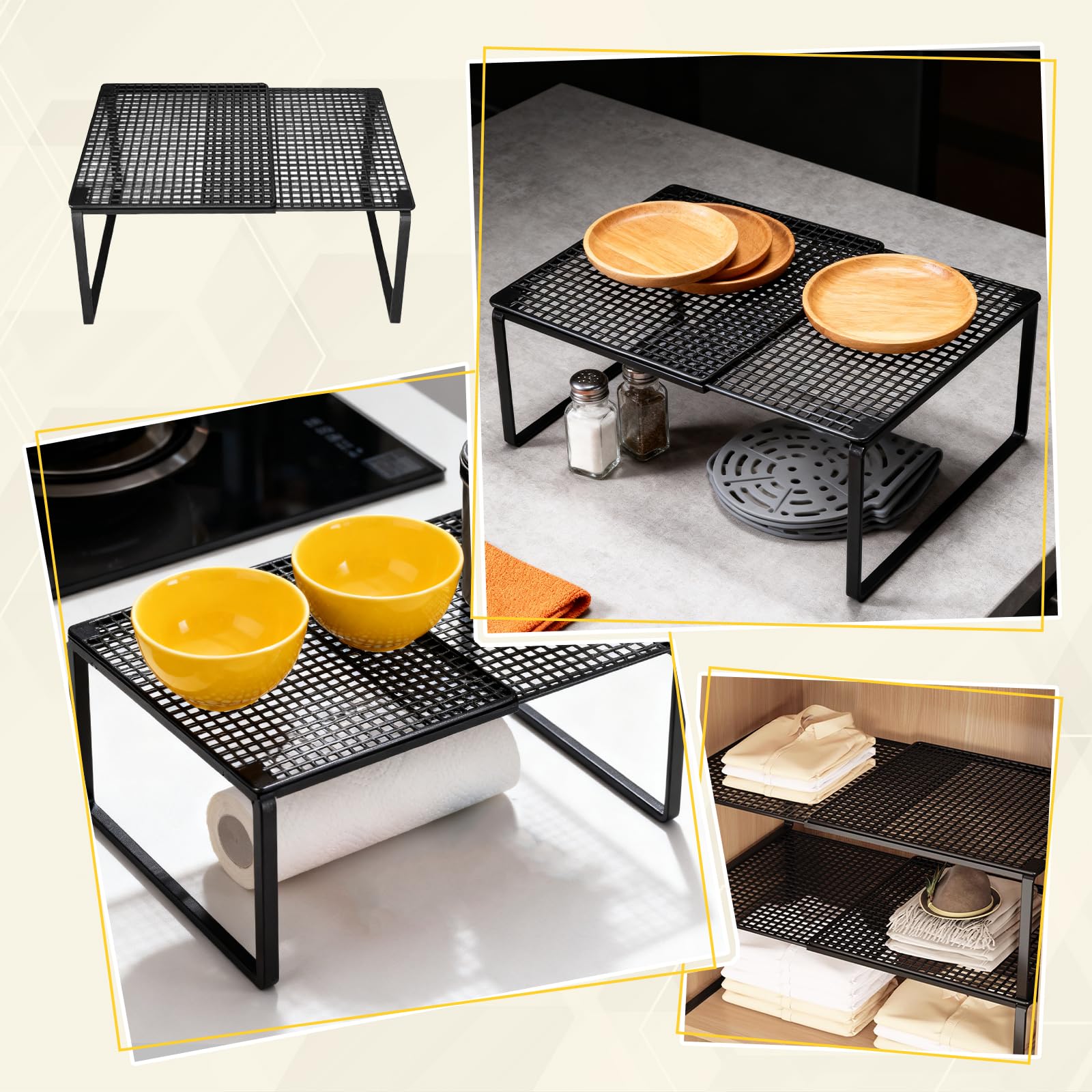 KESOTO Mensola Salvaspazio per Cucina, Divisori per Armadio Interno Espandibile in Lunghezza, Divisorio per Ripiano in Ferro per Riporre Piatti, Stoviglie, Ciotole, Nero Da 38 a 62 Cm