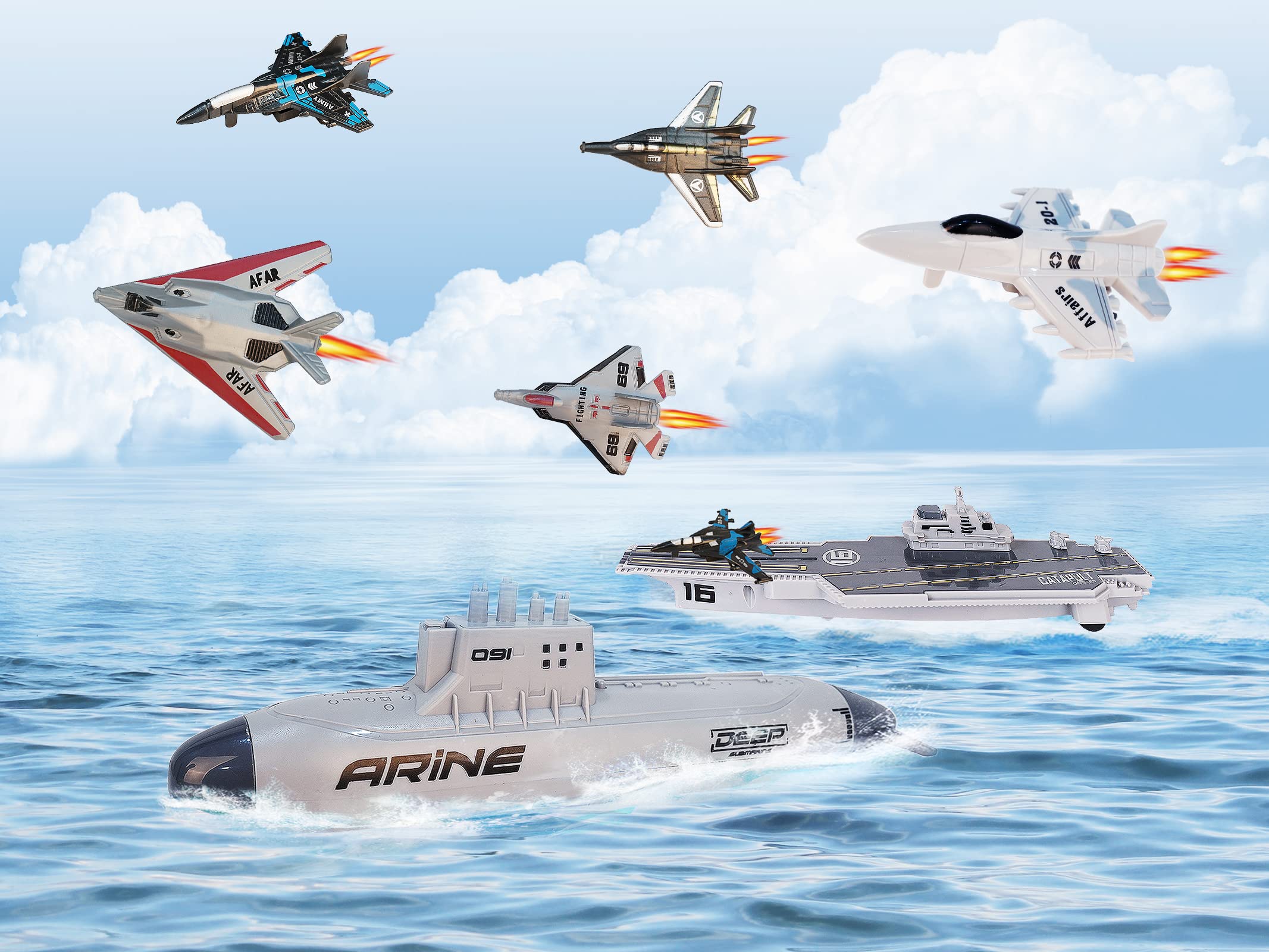 VBACALA Battleship Spielzeug,Flugzeug Flugzeugträger Spielzeugset für Kinder,Kampfflugzeuge Schlachtschiffe mit Rückzugsfunktion,U-Boot Militär Spielzeug für Jungen und Mädchen