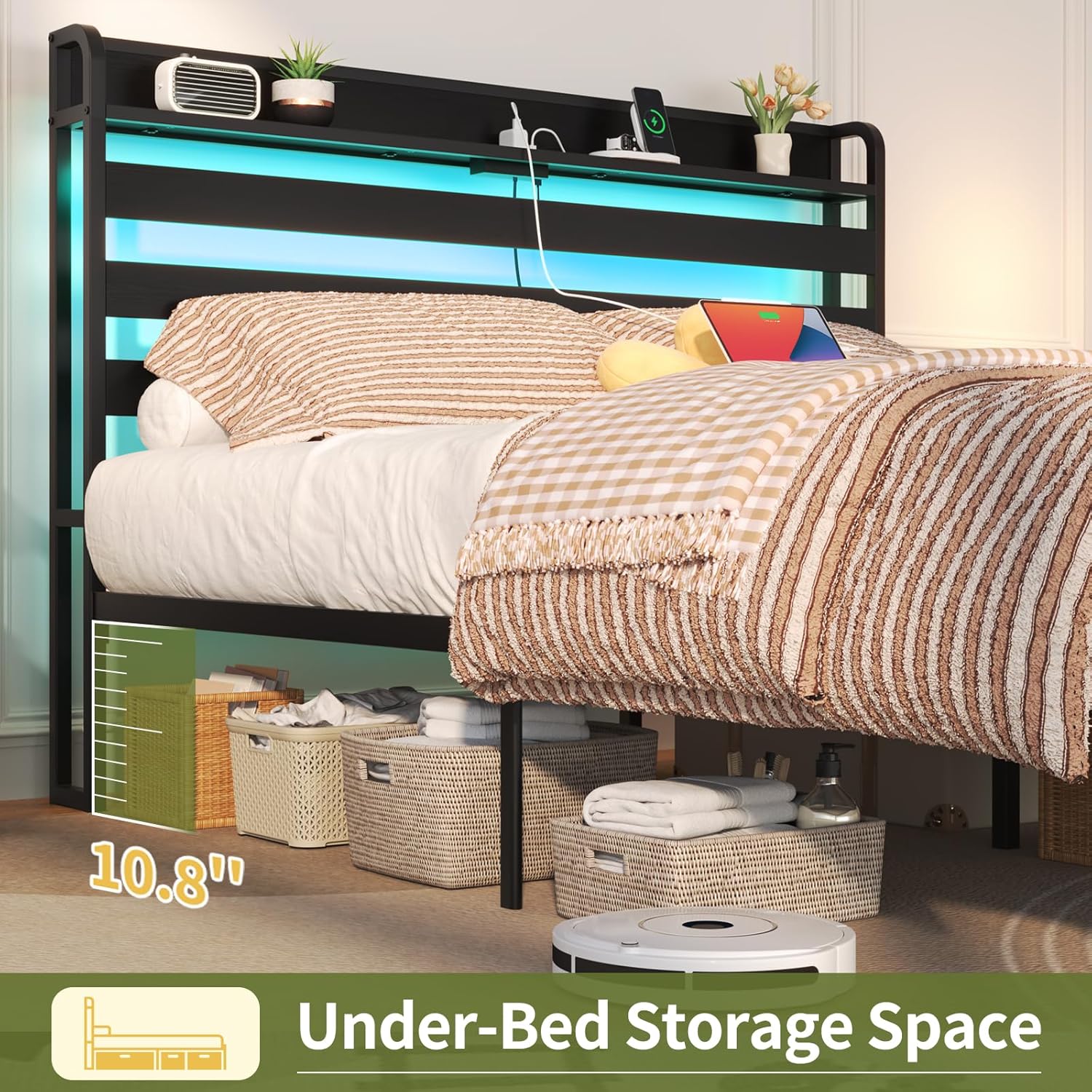 Yoobure Queen Bed Frame with Headboard, LED Bed Frame Queen Size Beds with Charging Station, Platform Bed Frames Wood Bedframe Queen-Size with Footboard, No Noise, No Box Spring Needed, Easy Assembly