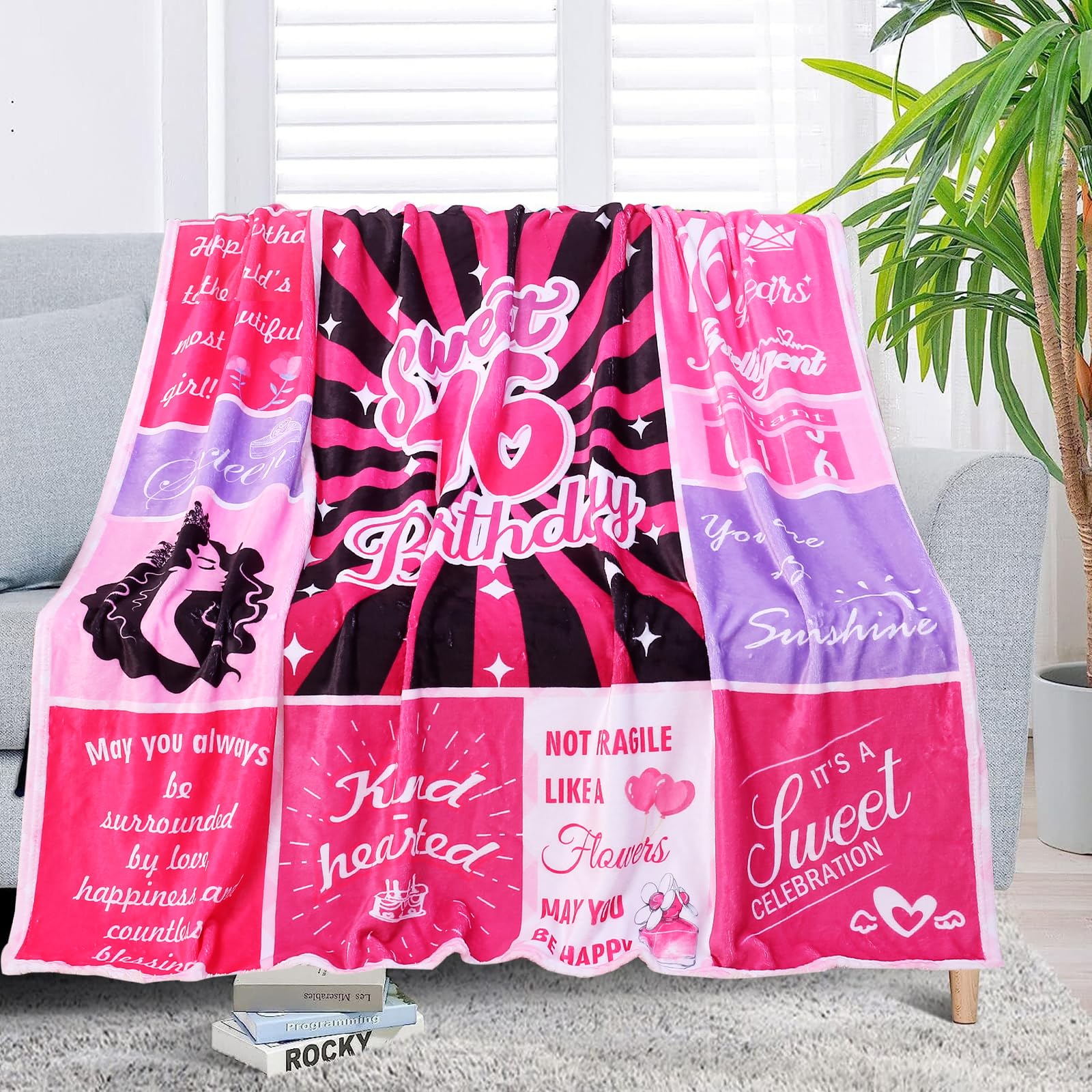 Cloele Sweet 16th Birthday Gift - Pink 16 Year Old Girl Present - Best 16th Birthday Party Decoration Throw Blanket 50