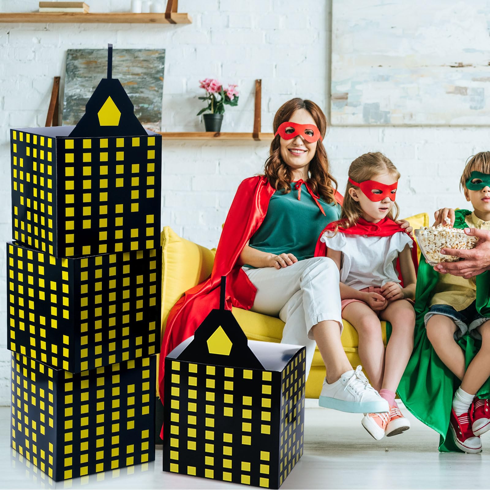 6 cajas grandes de recuerdo de fiesta de héroe de 11 pulgadas, cajas de regalo de rascacielos de ciudad, cajas de regalo grandes con temática de héroe, cajas de dulces con diseño de horizonte de la