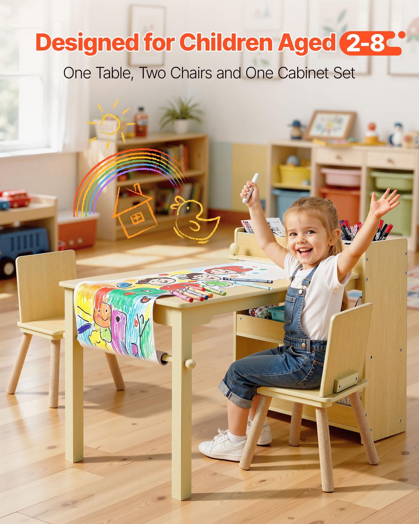 VEVOR Table d'art pour Enfants avec 2 Chaises, Bureau d'Activité avec Étagères de Rangement 3 Niveaux, Kit en Bois pour Tout-Petits, pour Lecture Dessin Bricolage Apprentissage Écriture, Bois Clair