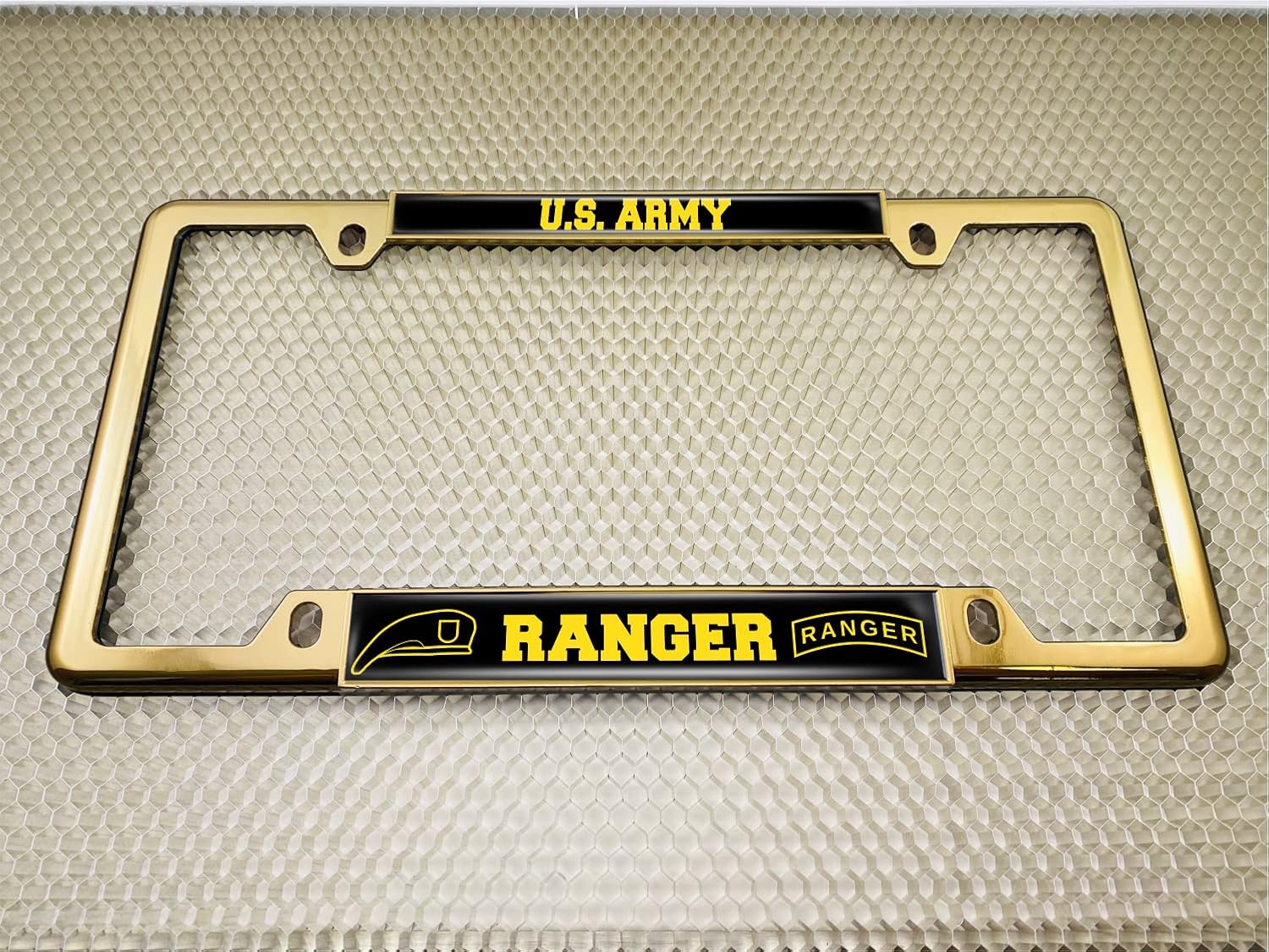 [Officially Licensed Product] - U.S. Army Ranger - Domed Custom-Made Personalized Narrow (Thin) Top 4 Hole Metal Car License Plate Frame with Free caps - Gold (Qty: 1 Frame)