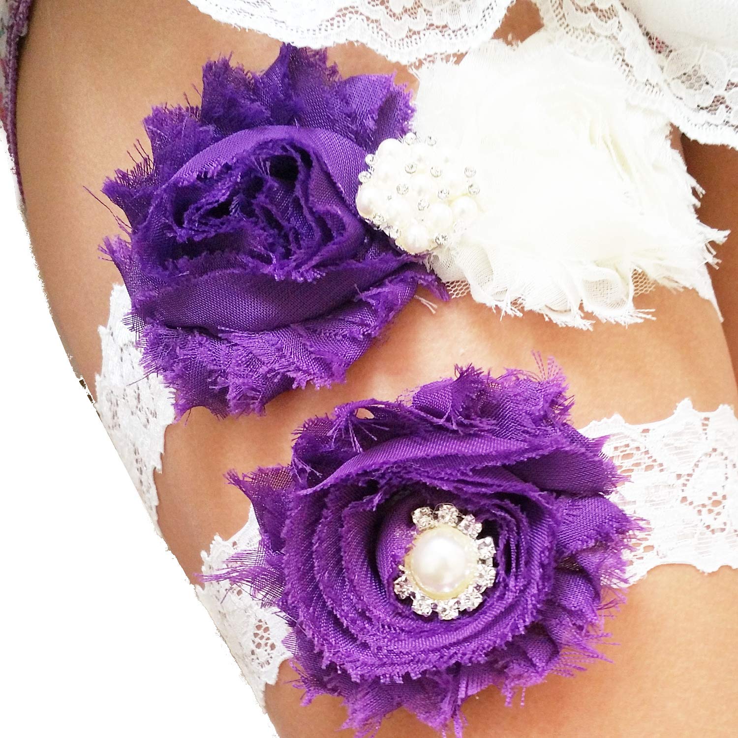 Wedding Garter Set, Eggplant Purple Ivory Chiffon Flowers w/Pearl Rhinestone